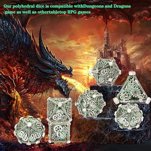 Miniatura 3 de DND - Juego de dados de metal, UBEUCK 7 piezas de dados de metal DND para cajas de juegos de mesa de Calabozos y Dragones (verde engranaje)