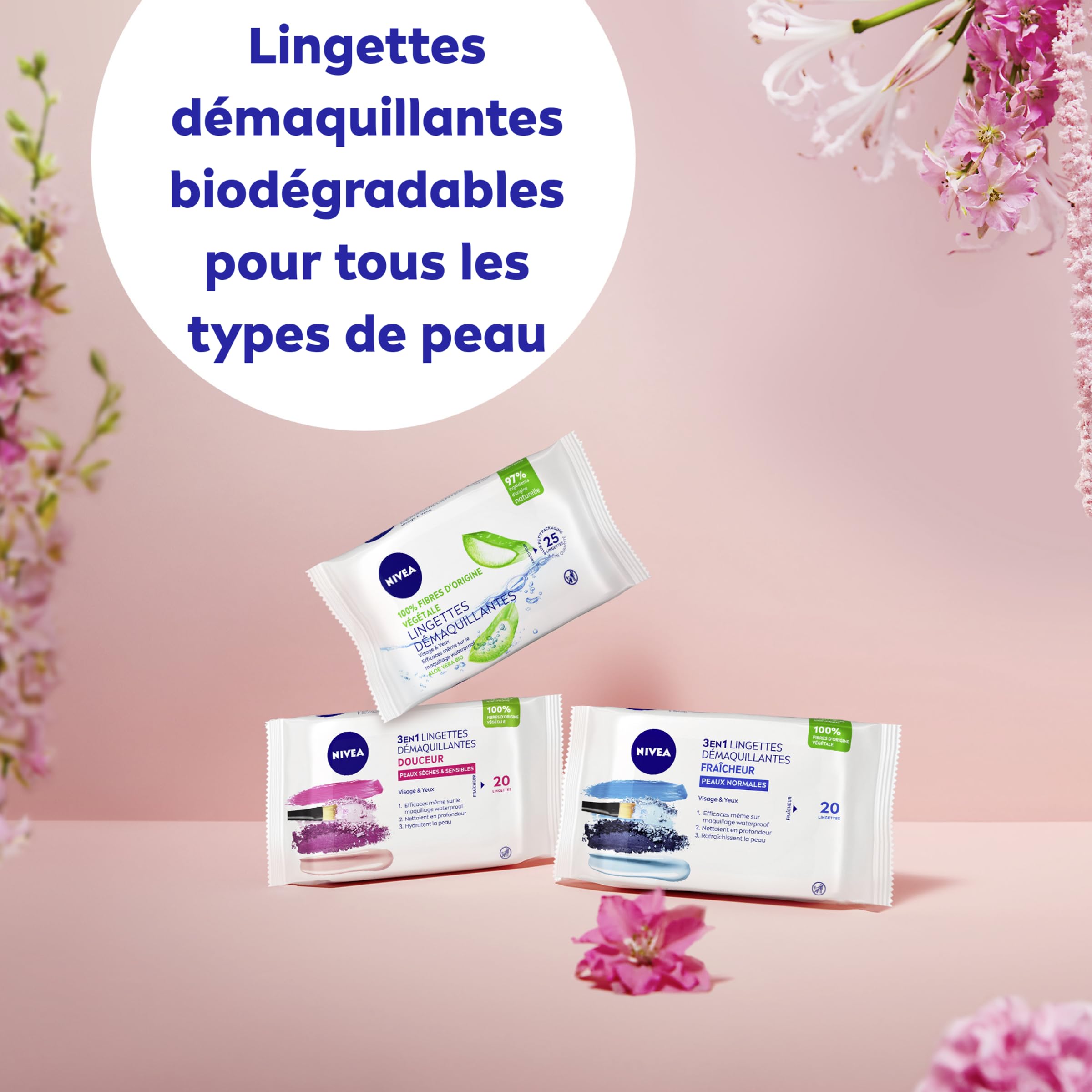 Nivea Makeup Wipes Fresh Normal Skin 100% Vegetable Fibres (1 x 20 Pieces) Makeup Remover for Face Eyes & Lips - Image 2
