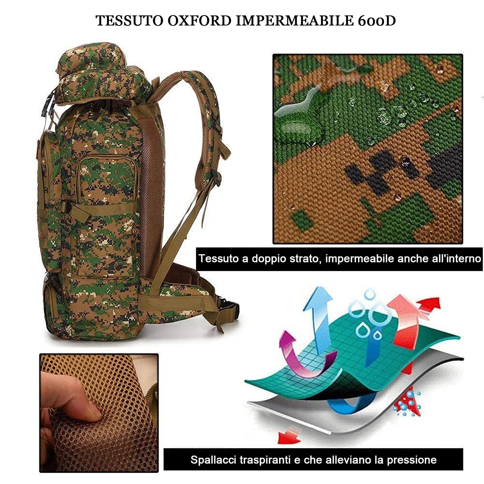 Zaino Trekking Grande 60 litri - 80L Zaino da Campeggio Tattico Militare Zaini da Escursionismo Impermeabile per Uomo Donna per Viaggio Outdoor, Montagna, Pesca, Caccia
