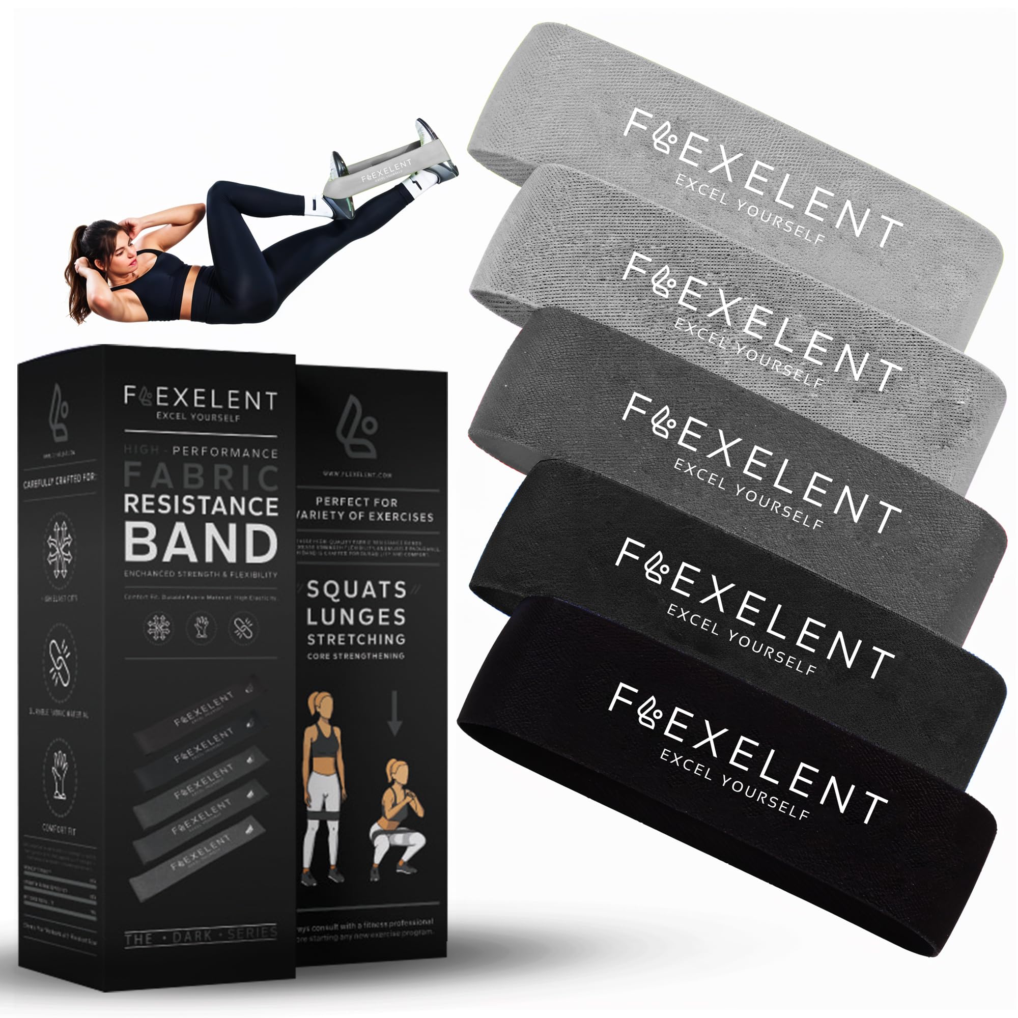 Flexelent Fabric Resistance Bands for Working Out - Workout Bands Set for Legs, Glutes, and Thighs Ideal for Men & Women, Fitness Bands with 5 Resistance Levels (Dark Set Gray to Black)