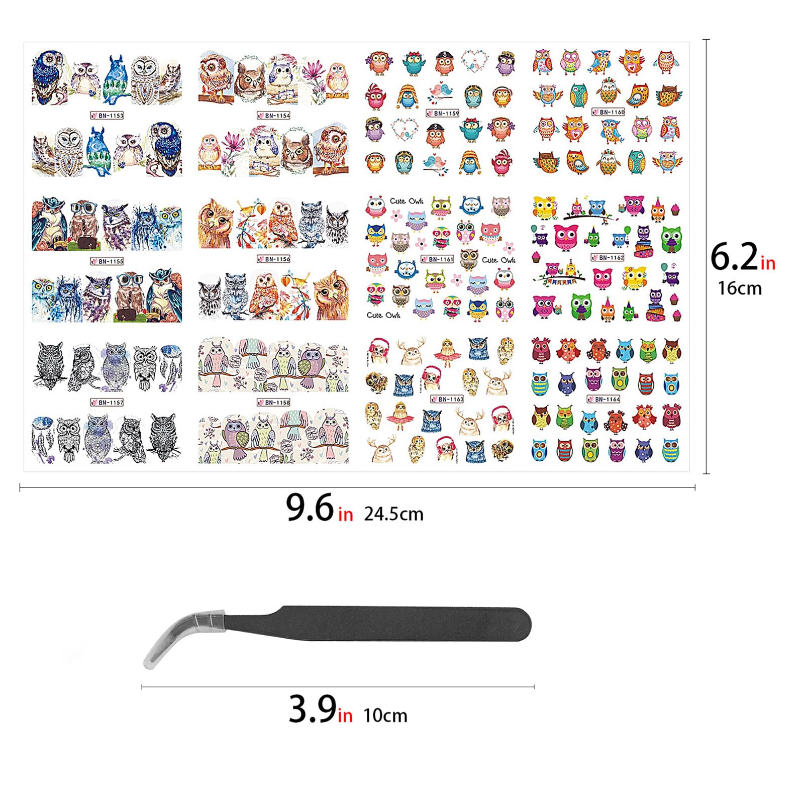 CAIRIAC Owl Nail Art Stickers Self-Adhesive Decals for Women Girls Gift - Cute Owls Nail Wrap Accessories Water Transfer Decals (12 Sheets)