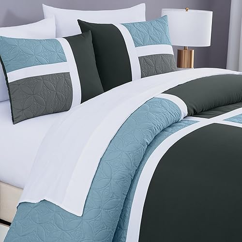 Miniatura 3 de Chezmoi Collection Bernard - Juego de edredón de 7 piezas tamaño King en una bolsa con sábanas, edredón ligero, color gris, azul claro, carbón,