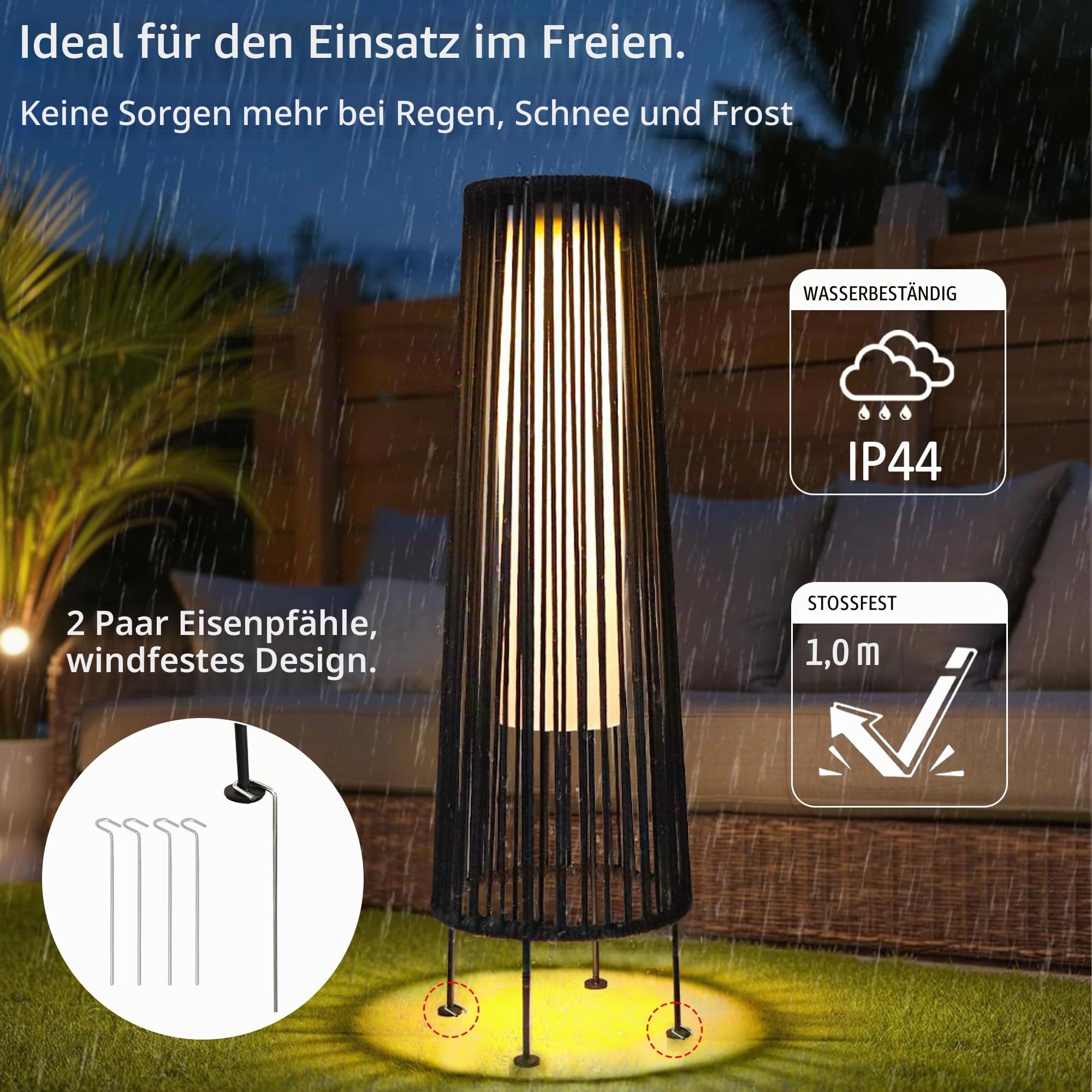 TRIROCKS Außenstehlampe, 2-Teilige Solarbetriebene Laterne, Geflochtene Solar-Terrassenlampe mit Olifen-Seil, Wasserdichtes Rattan-Solar-Decklicht (Schwarz)
