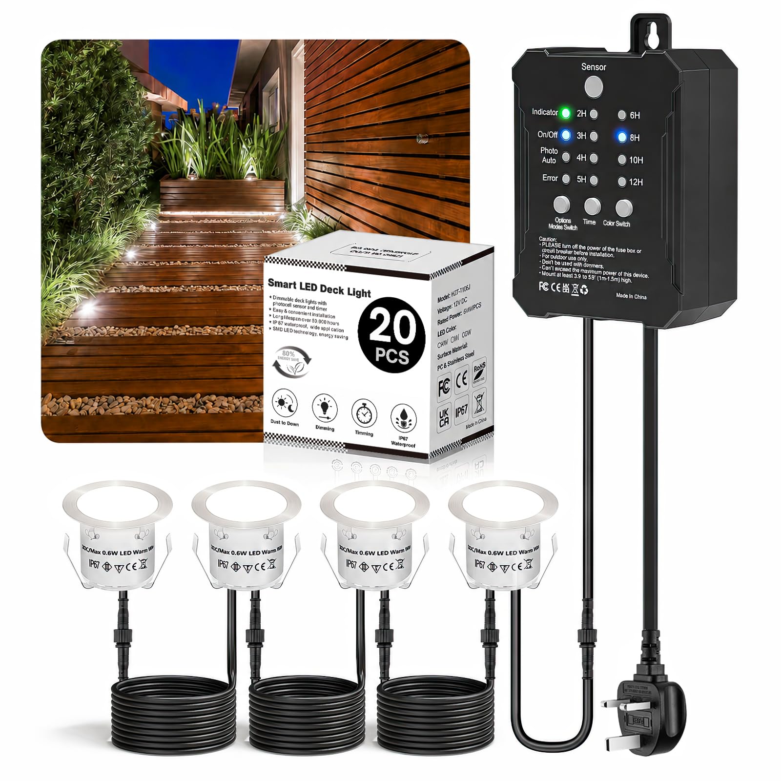 HIBOITEC 20PCS Dimmable Decking Lights, Dusk to Dawn and Timer, IP67 Waterproof Recessed Deck Lights with Low Voltage Smart Transformer for Kitchen Plinth Lights, Patio, Stair, Driveway(Cool White)