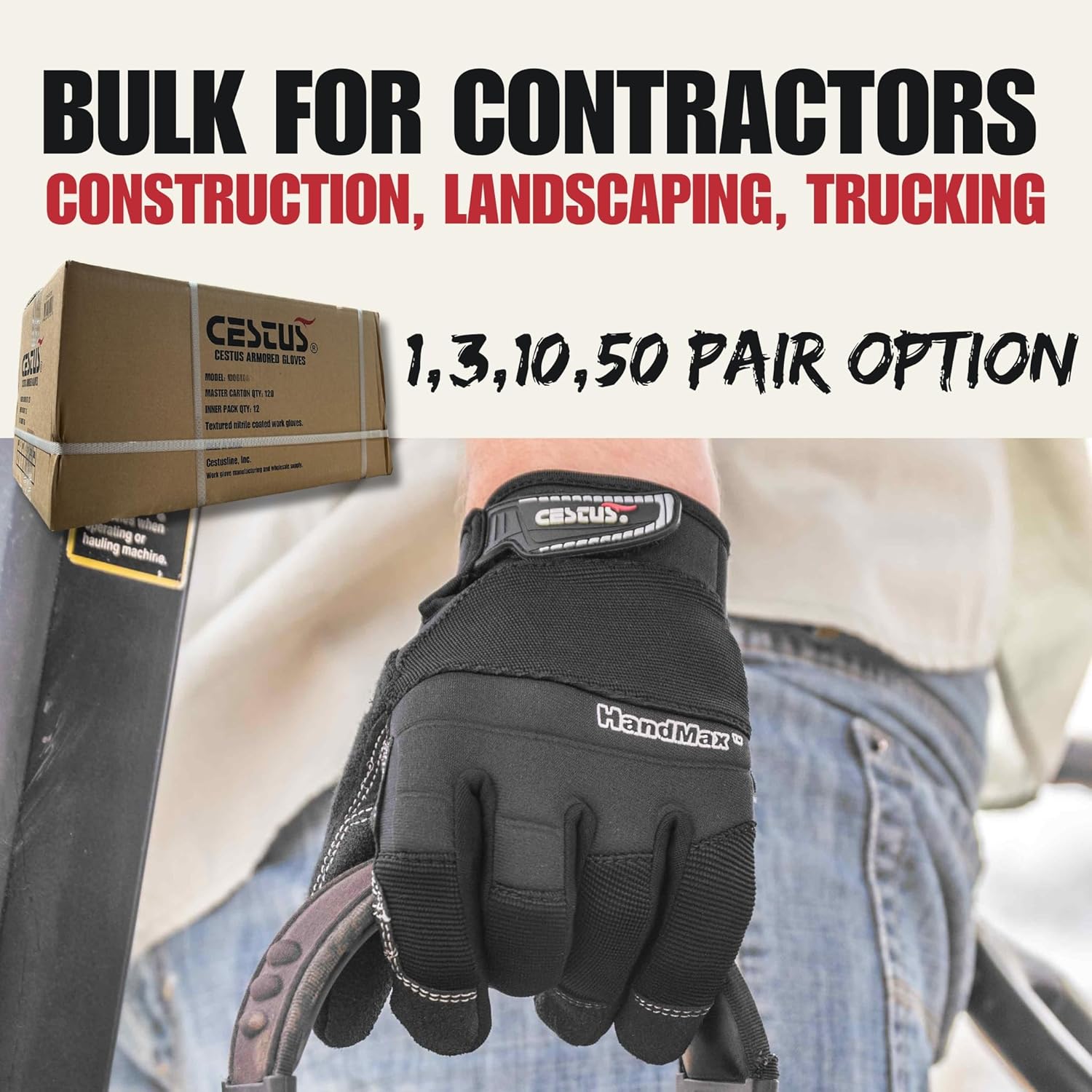 Cestus 6061, Black Work Gloves, Coarse Grit Palm (1,3,10,50 Pairs)