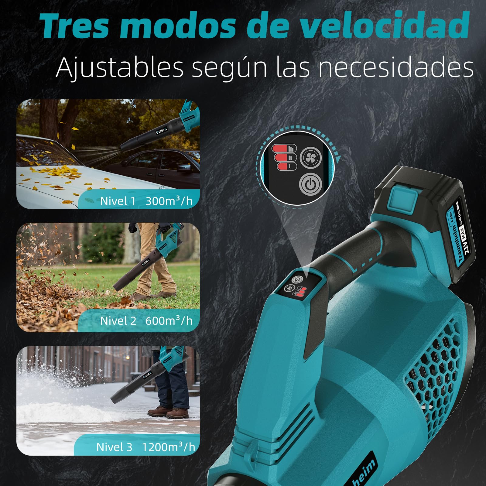 Soplador de Hojas a Batería, Inalámbrico, 3 Velocidades, 1200 m³/h, con 2 Baterías de 4,0Ah/21V, para Jardín, Hojas, Polvo y Nieve