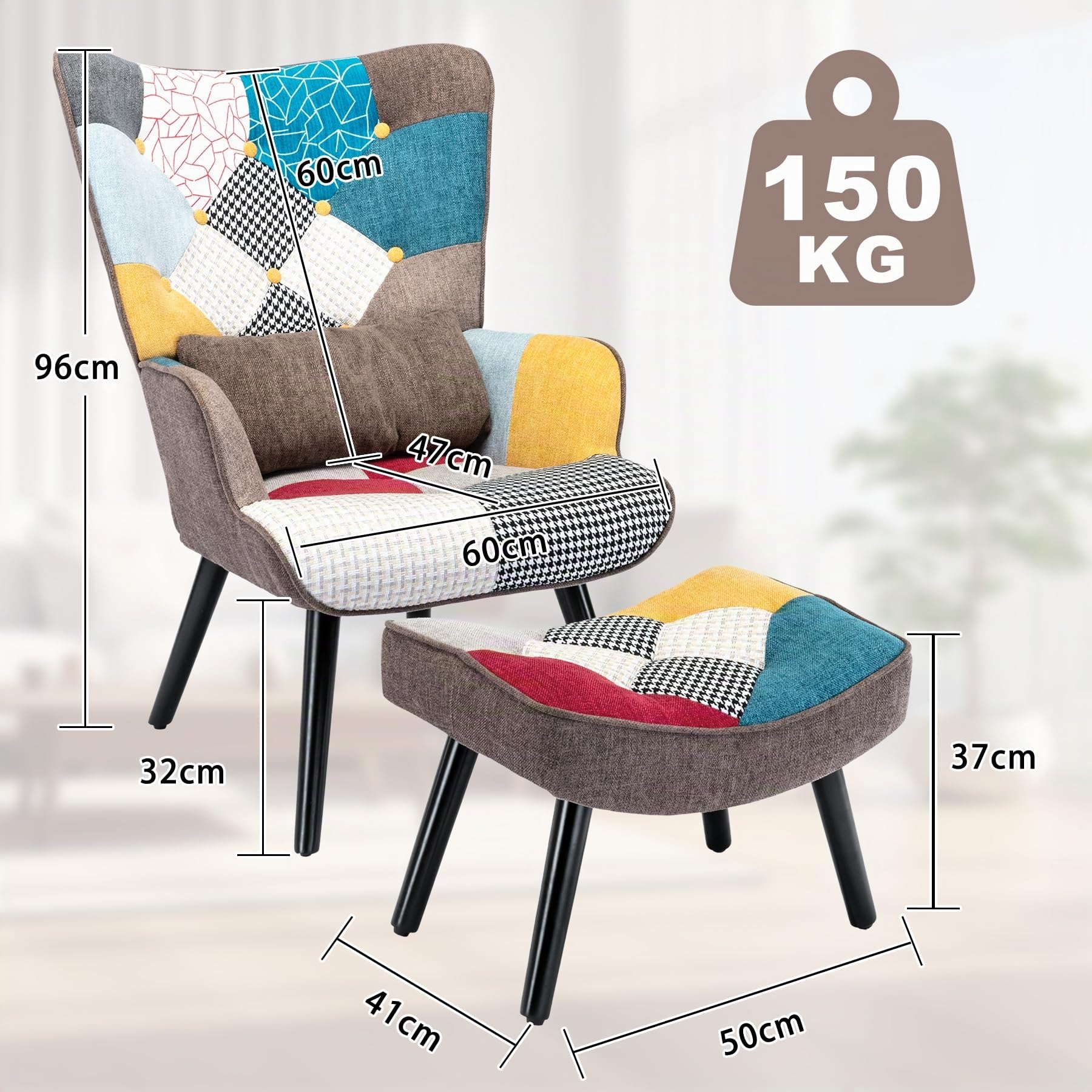 Relaxsessel mit Hocker Patchwork Sessel Holz Sessel Wohnzimmer moderner Ohrensessel mit Massivholzfüße Fernsehsessel Leinen Loungesessel Stuhl Braun