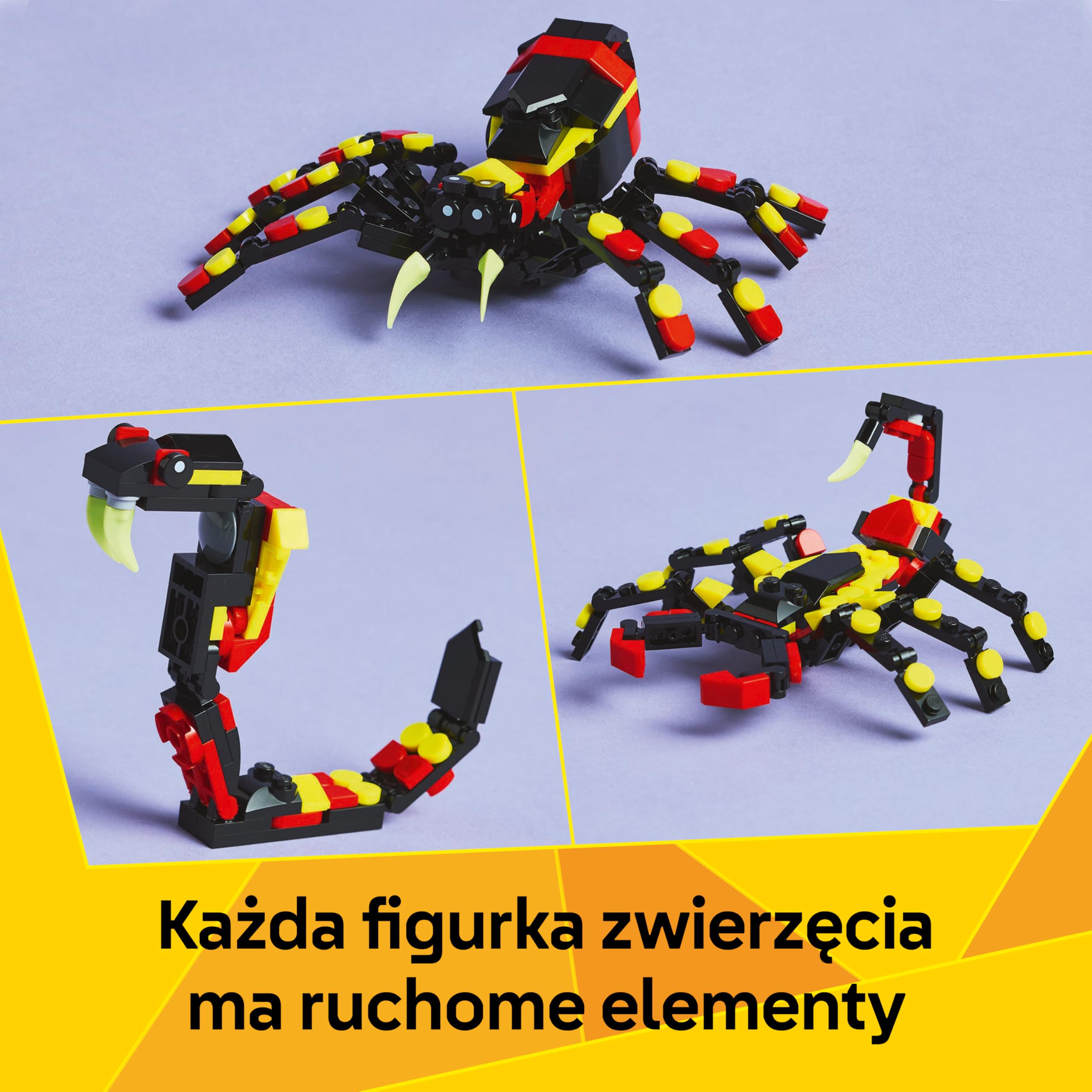 LEGO Creator 3 w 1 Dzikie zwierzęta: niezwykły pająk, Zabawka dla Dziecka do Zbudowania, Zestaw Konstrukcyjny do Przebudowania na Skorpiona lub Węża, Prezent dla 7-latka, Chłopca i Dziewczynki 31159