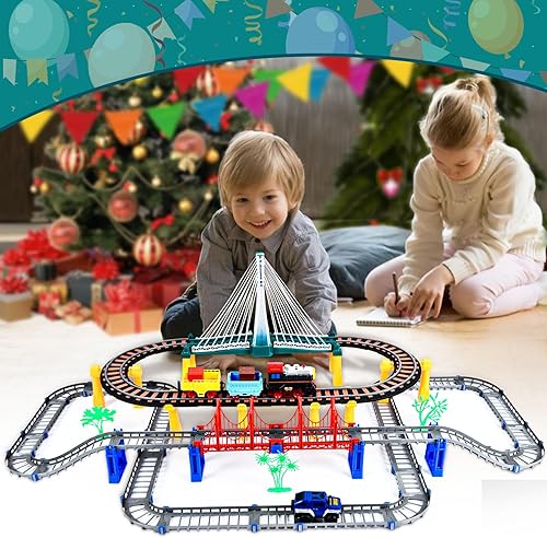 Miniatura 6 de JONRRYIN Juego de tren de juguete para niños pequeños, pista de autos de carreras, juguetes de construcción, pistas de carreras para niños, juego de
