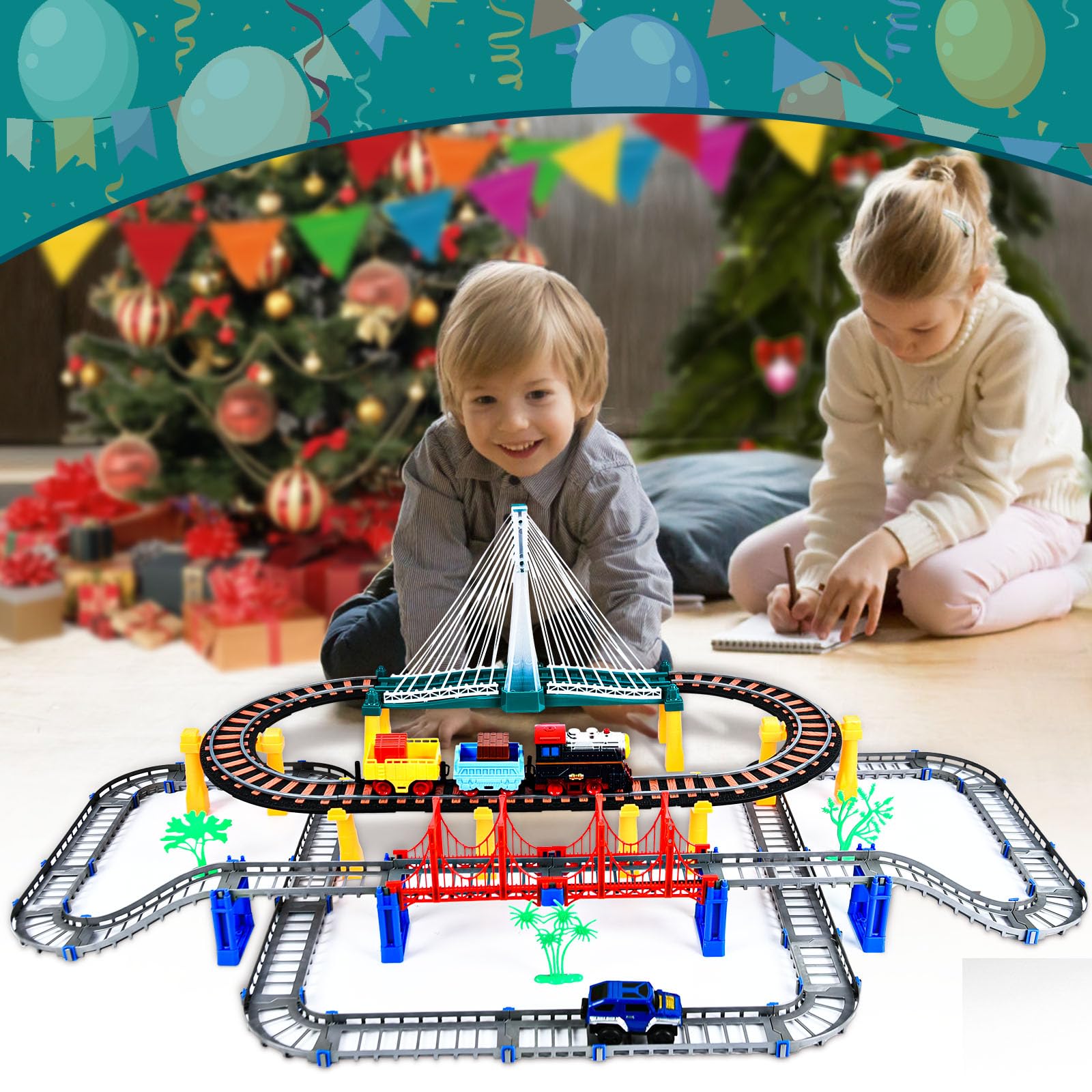 JONRRYIN Circuit Voiture, 140Pièces Train Electrique avec Voies ferrées, Jouet Cadeau Éducatif Enfant 2 3 4 5 6 Ans Garçon