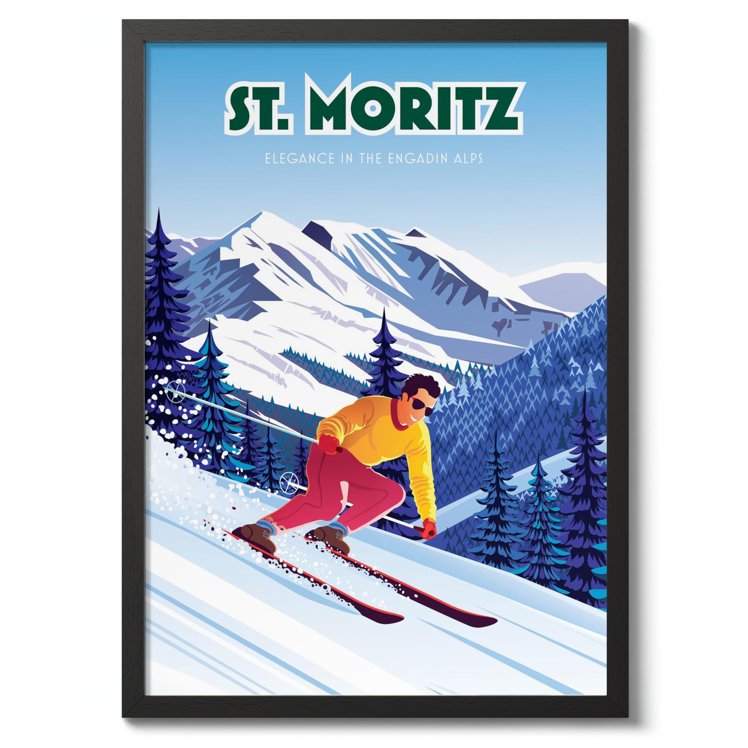 St, Moritz Vintage Skiing Poster, Minimalist Wall Art, Mountain Travel Prints, Snow, Ski Trip Home Decor, A2 (Black Frame) - 62.5x45.1cm