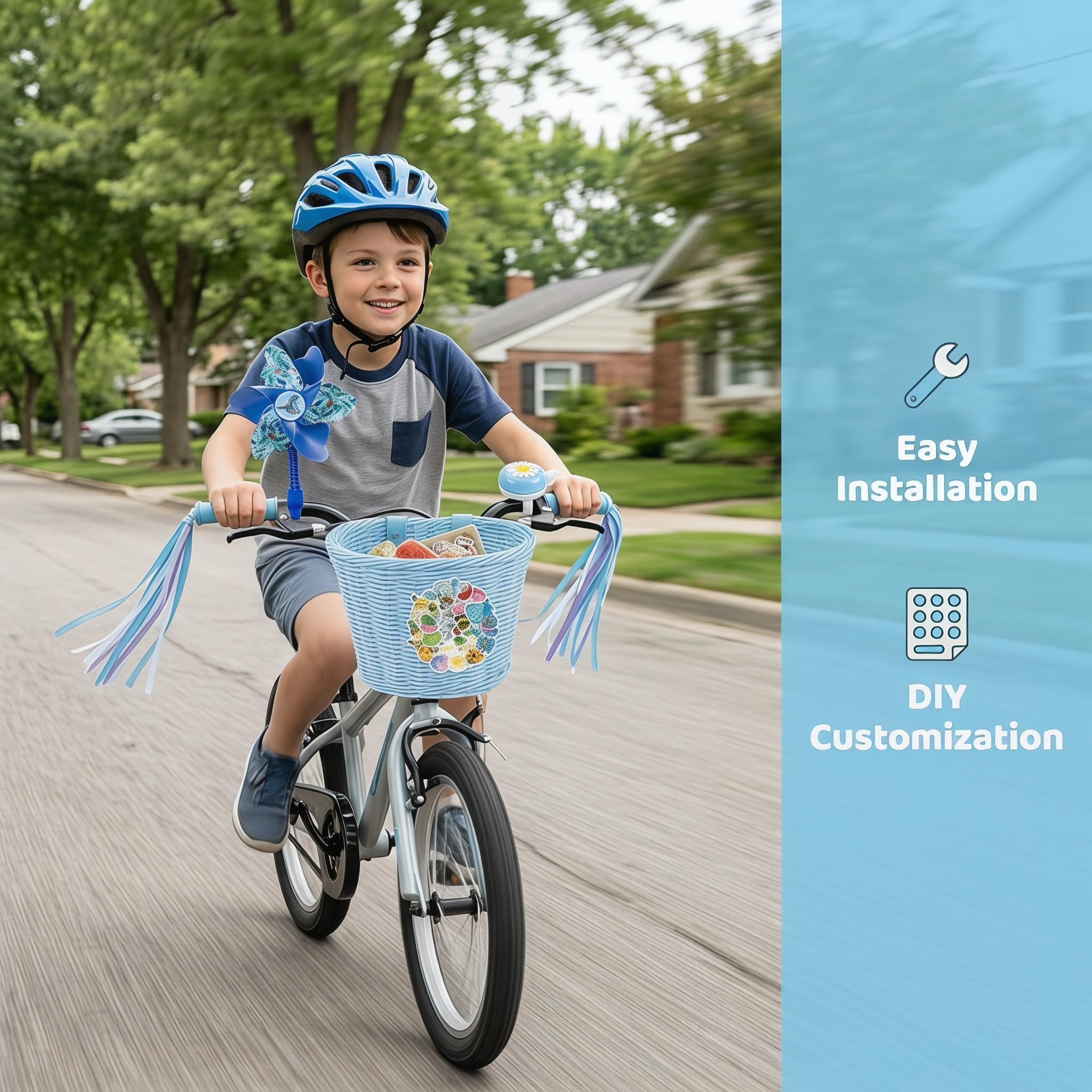 Panier de vélo avant pour enfants, accessoires de vélo pour filles et garçons, panier de vélo tissé avec autocollants, sonnette de vélo, moulin à vent et 1 paire de rubans colorés (panier bleu)