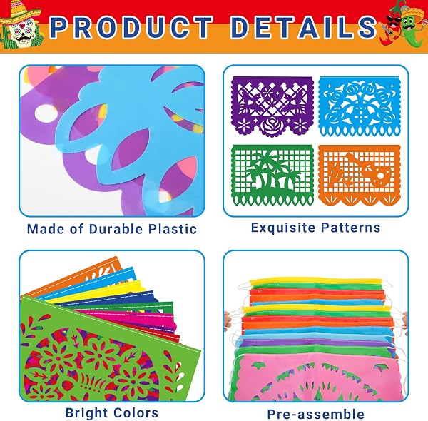 Heartome 18 FT Cinco De Mayo Party Decorations, 1 Pack Fiesta Banner with 9 Plastic Papel Picado, Colorful Mexican Theme Party Flag Banner Dia De Los Muertos Day of the Dead Hanging Decor Home Party Supplies in use