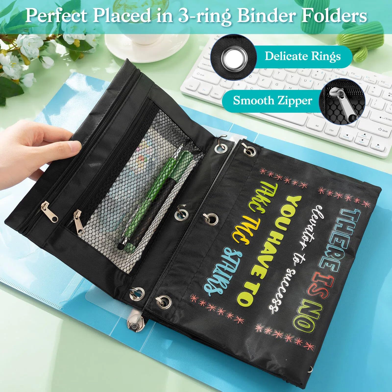 Honoson Estuche inspirador de 36 piezas para lápices con 3 anillos con cremallera doble para aula, estuche para lápices para escuela, aula, estudiantes, niños, oficina, suministros para el hogar