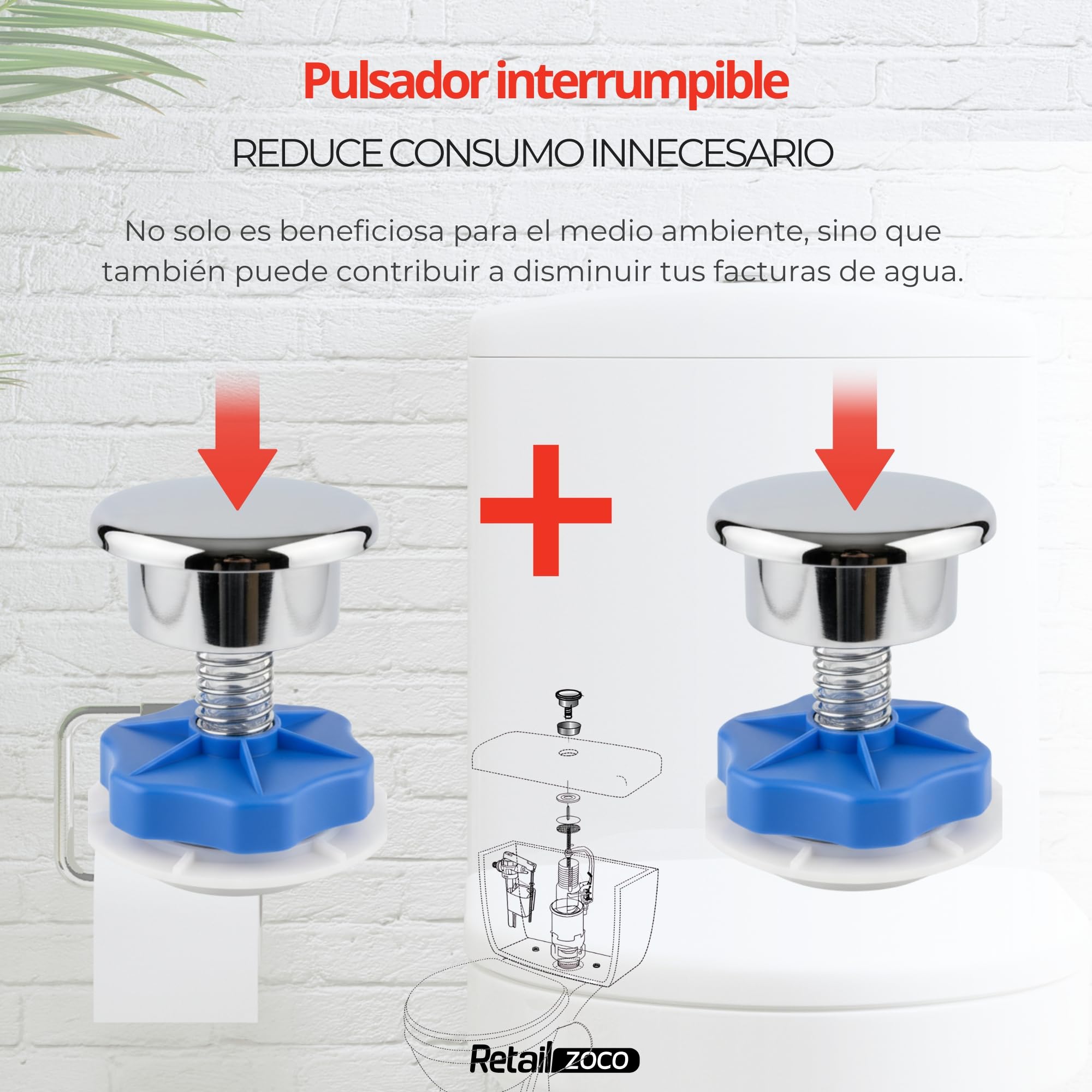 Mecanismo de descarga para WC, Válvula Descarga Inodoro, Descargador WC universal, Apto para cualquier tipo de cisterna estándar con pulsador de descarga interrumpible para ahorrar agua, interrumpible - imagen 6