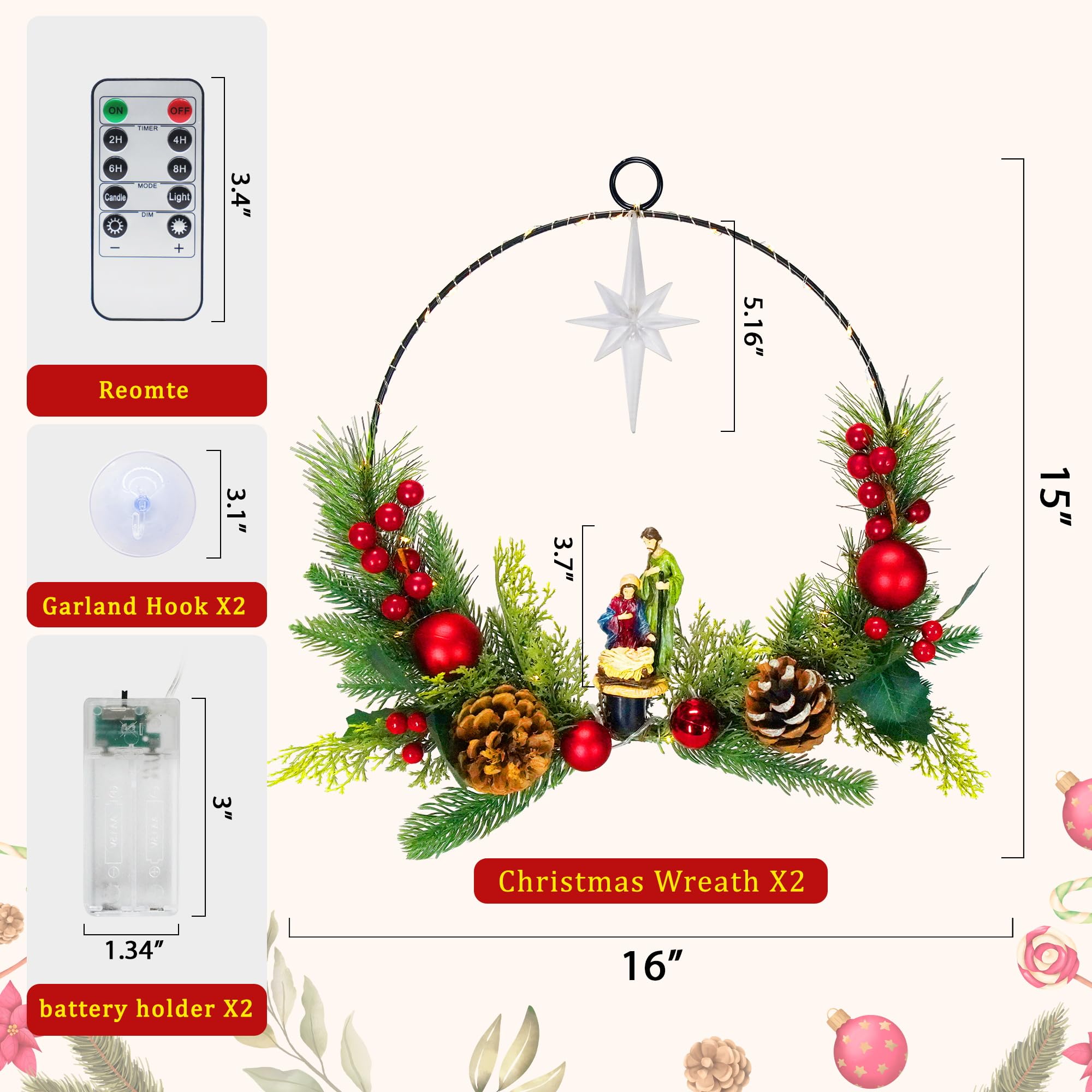 Weihnachtskränze für Haustür mit Lichtern und Fernbedienung, Heilige Familie, Krippenstatue und Stern von Bethlehem, Weihnachtsdekoration, 40,6 cm Fensterkränze, Kamindekorationen, 2 Stück