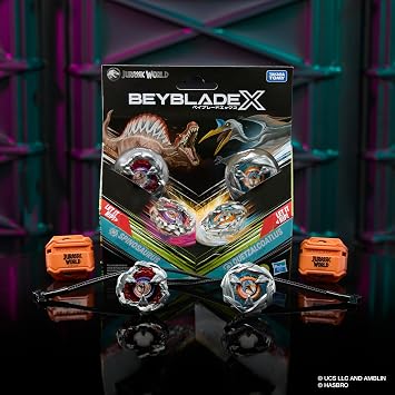 Beyblade X Jurassic World Collab Spinosaurus vs. Quetzalcoatlus Multipack Set, 2 Takara Tomy Tops, 2 launchers, Battling Tops Game, Dinosaur Toys, Ages 8+