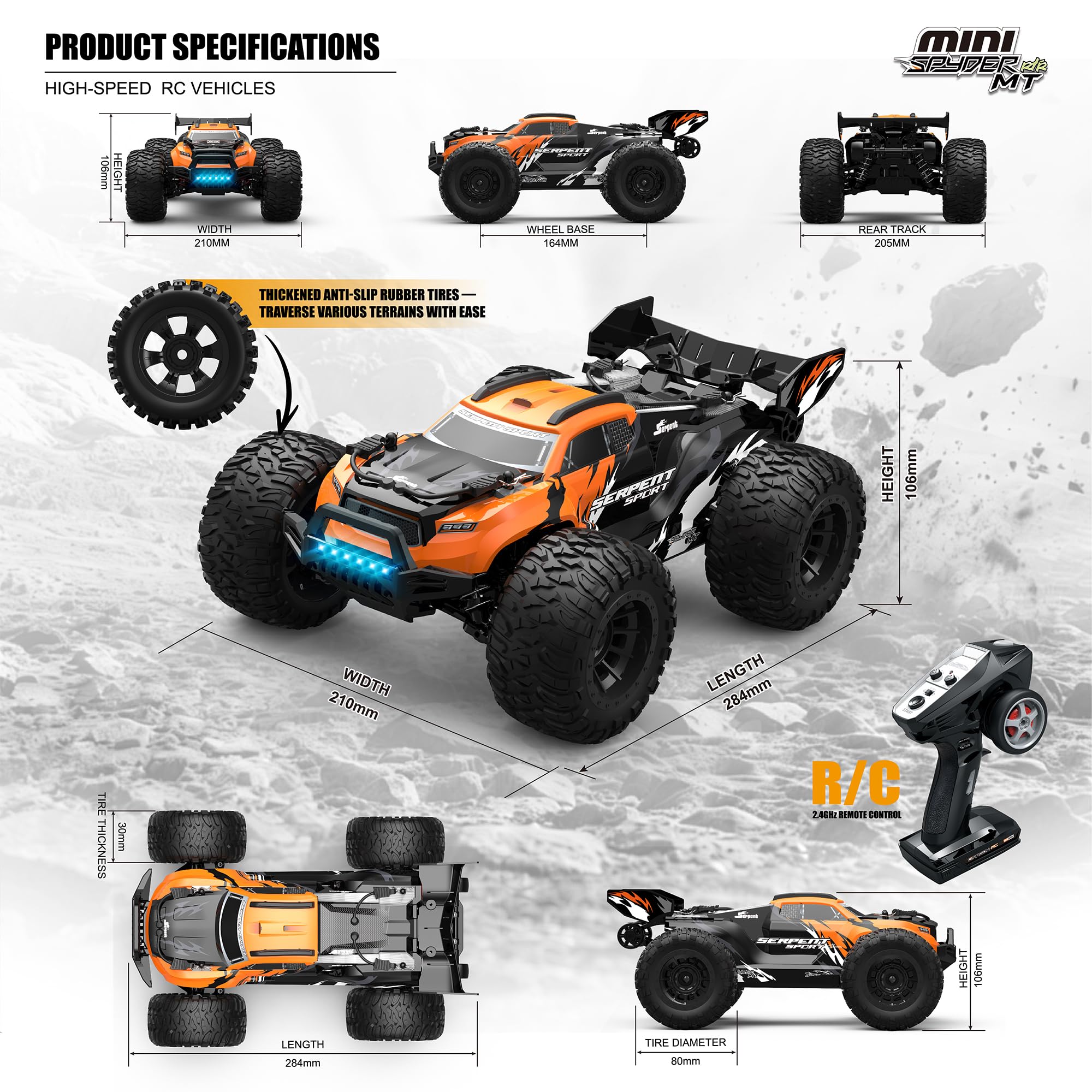 Serpent 1/18 4WD Offroad-Truck,Hochgeschwindigkeits-RC-Auto bis 40 km/h | 1:18 Allgelände-RC-Fahrzeug mit 2,4-GHz-Fernsteuerung, wasserdichter 4x4 Offroad-Truck mit 2 wiederaufladbaren Akkus