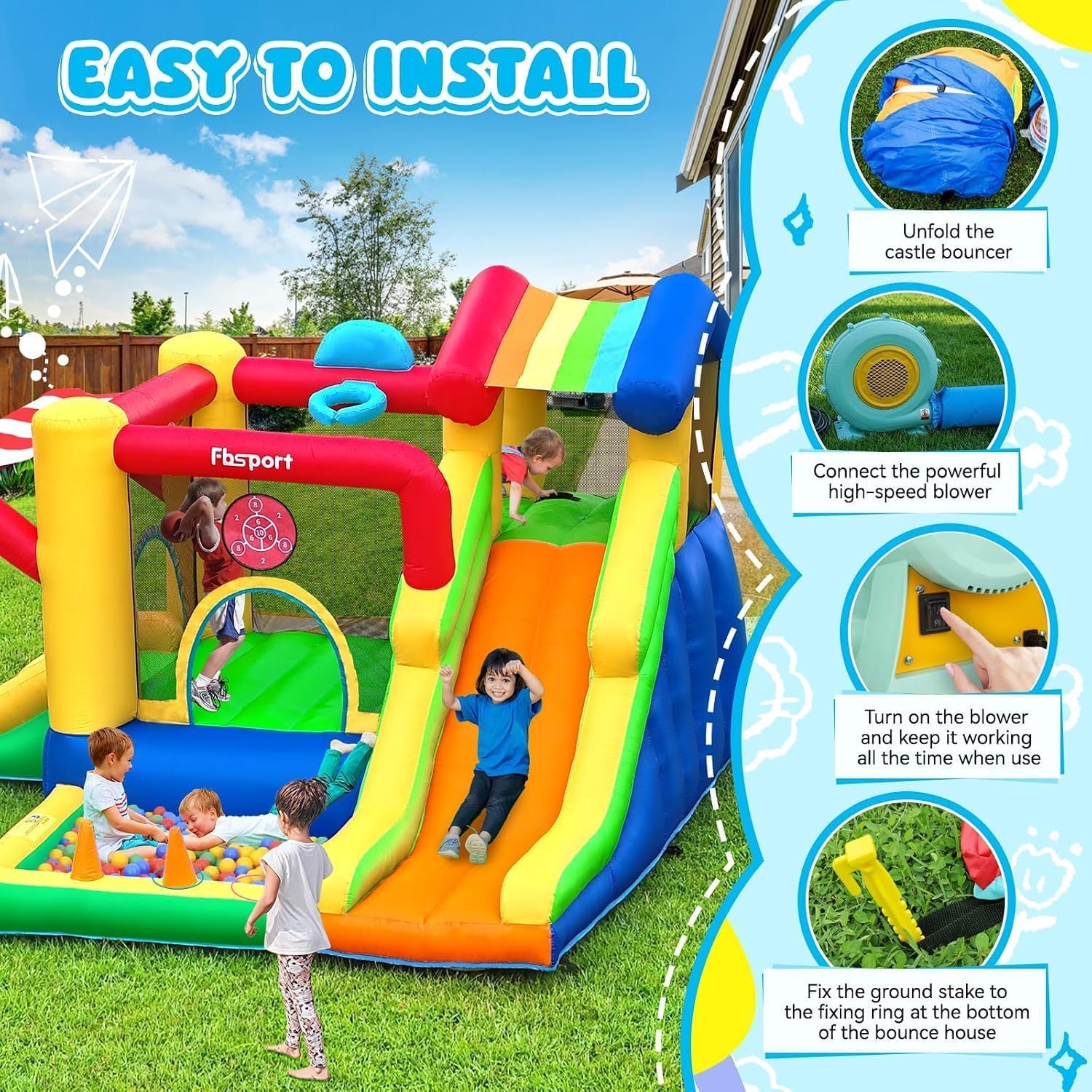 Castello Gonfiabile per Bambini con Doppio Scivolo, Interno ed Esterno | Trampolino, Piscina di Palline, Tiro della palla, Lancio dell'anello, Parete da Arrampicata ,Cesto da Basket, 322×305×208 cm