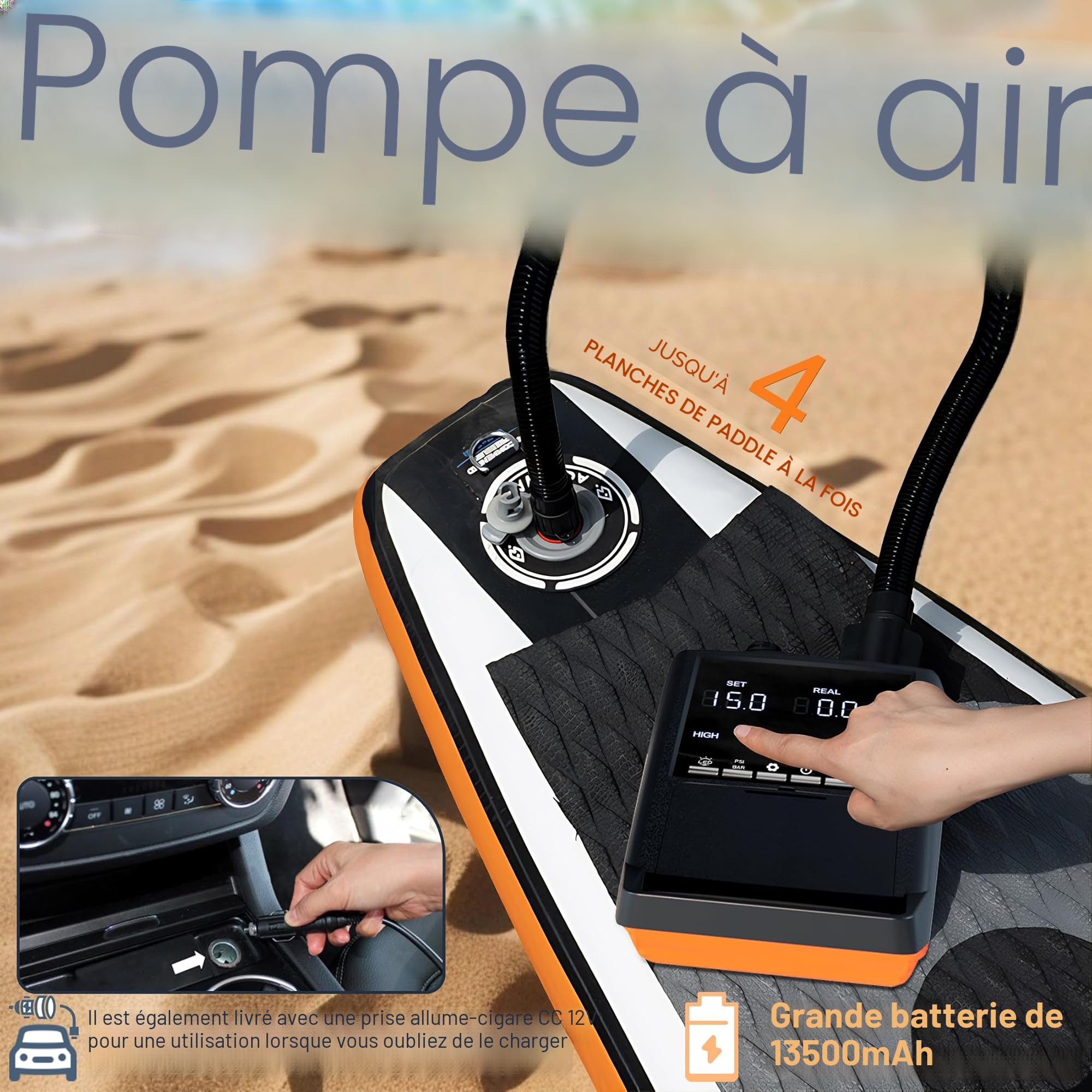 Mojimdo Pompe Électrique Haute Performance pour Sup - 20PSI, Rechargeable avec Éclairage Intégré - Gonflage 30% Plus Rapide, Arrêt Automatique, Double Alimentation 12V DC & Type-C