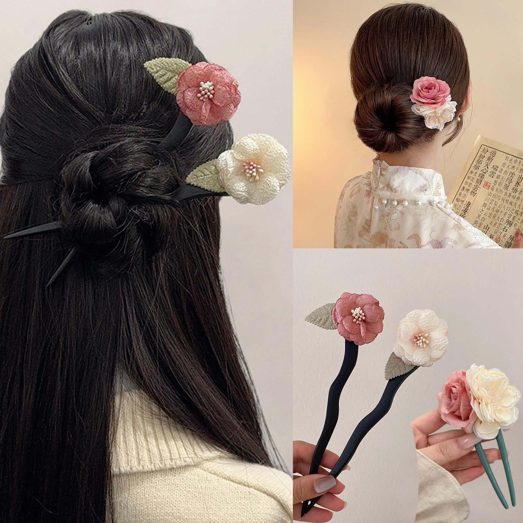 3 Pcs Flower Hair Pins Rose Hair Sticks Floral Hair Buns Hairpins Hair Accessories for Women Girls #11