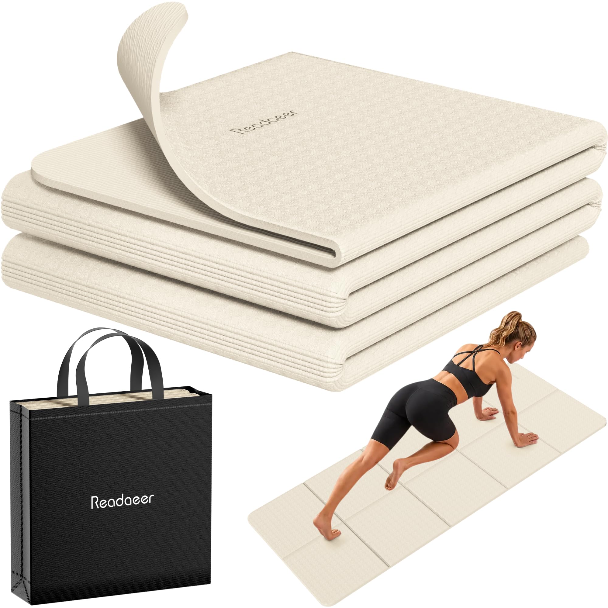 Readaeer Tapete de yoga plegable para viajes, tapete de yoga plegable de 6 mm de grosor con bolsa de transporte, tapete antideslizante de TPE para ejercicios de pilates de 72 pulgadas de largo x 61 cm