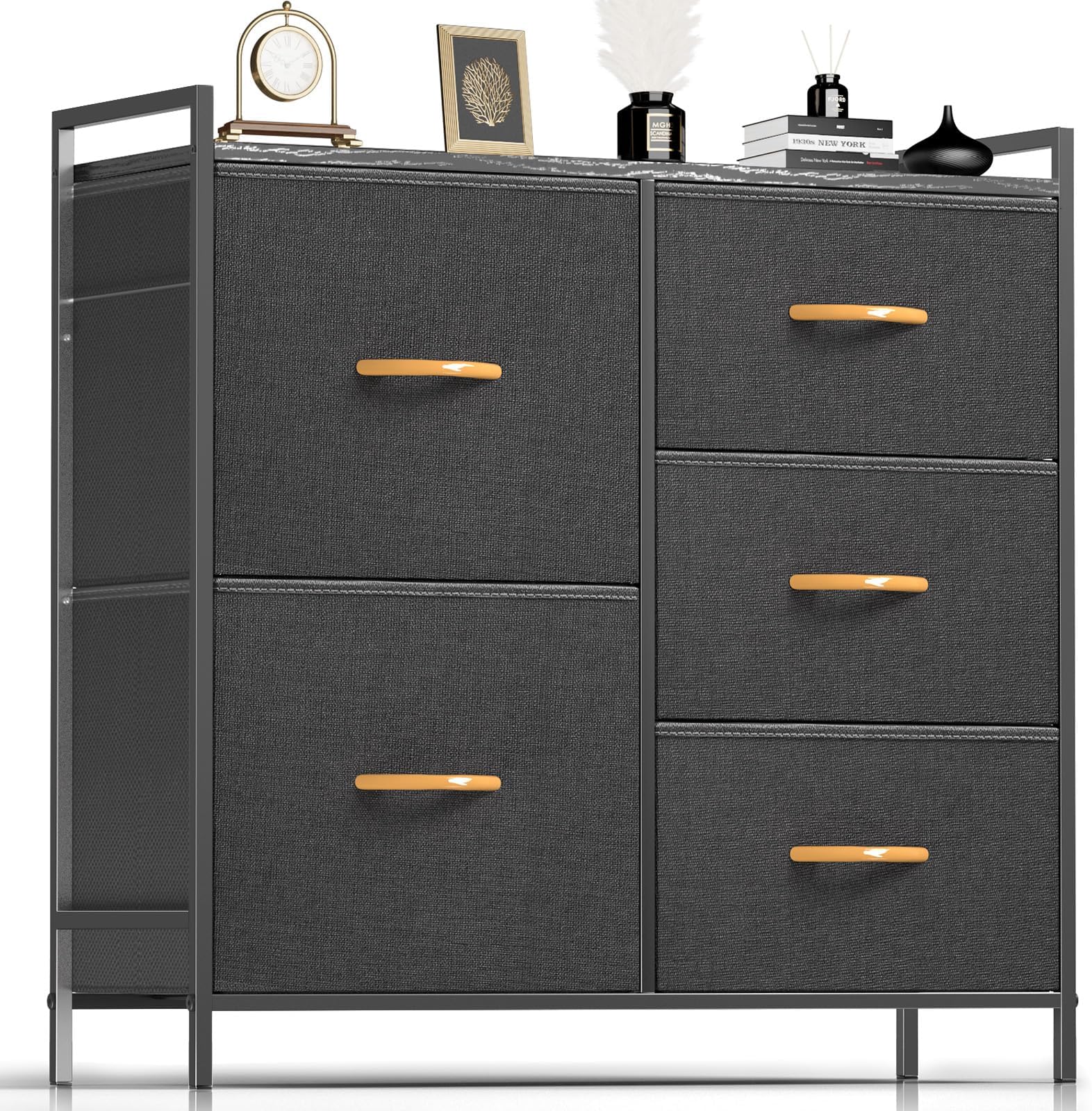 ROMOON Dresser for Bedroom with 5 Drawers, Sturdy Fabric Storage Organizer and Chest for Closet, Kids Bedroom,TV Stand, Wood Board Top (Dark Grey)