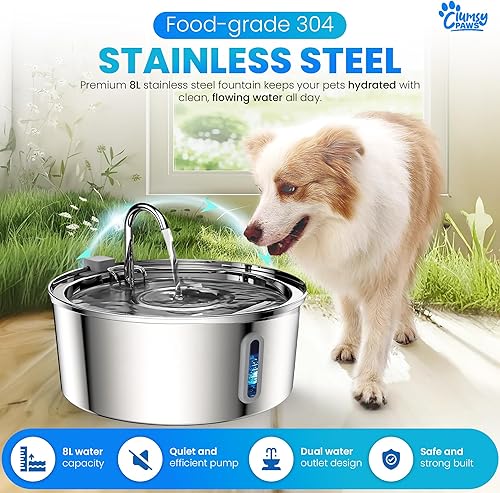 Miniatura 2 de Fuente de agua para perros de acero inoxidable, dispensador de agua automático grande de 8 litros para gatos, perros y otras mascotas, fuente