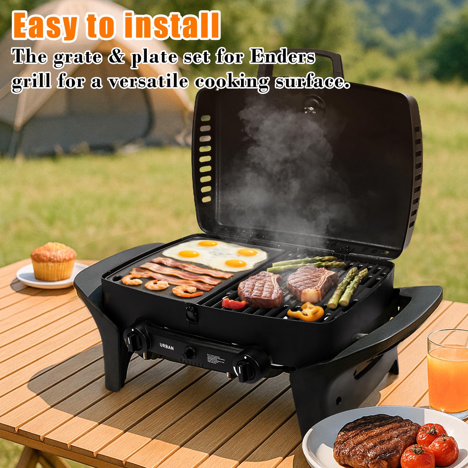 GFTIME Żeliwny ruszt do grillowania i płyta grillowa, zestaw do grilla gazowego Enders Urban, Urban Pro, Explorer, Explorer Pro – akcesoria z litego żeliwa, części zamienne, płyta dwustronna, zestaw 2