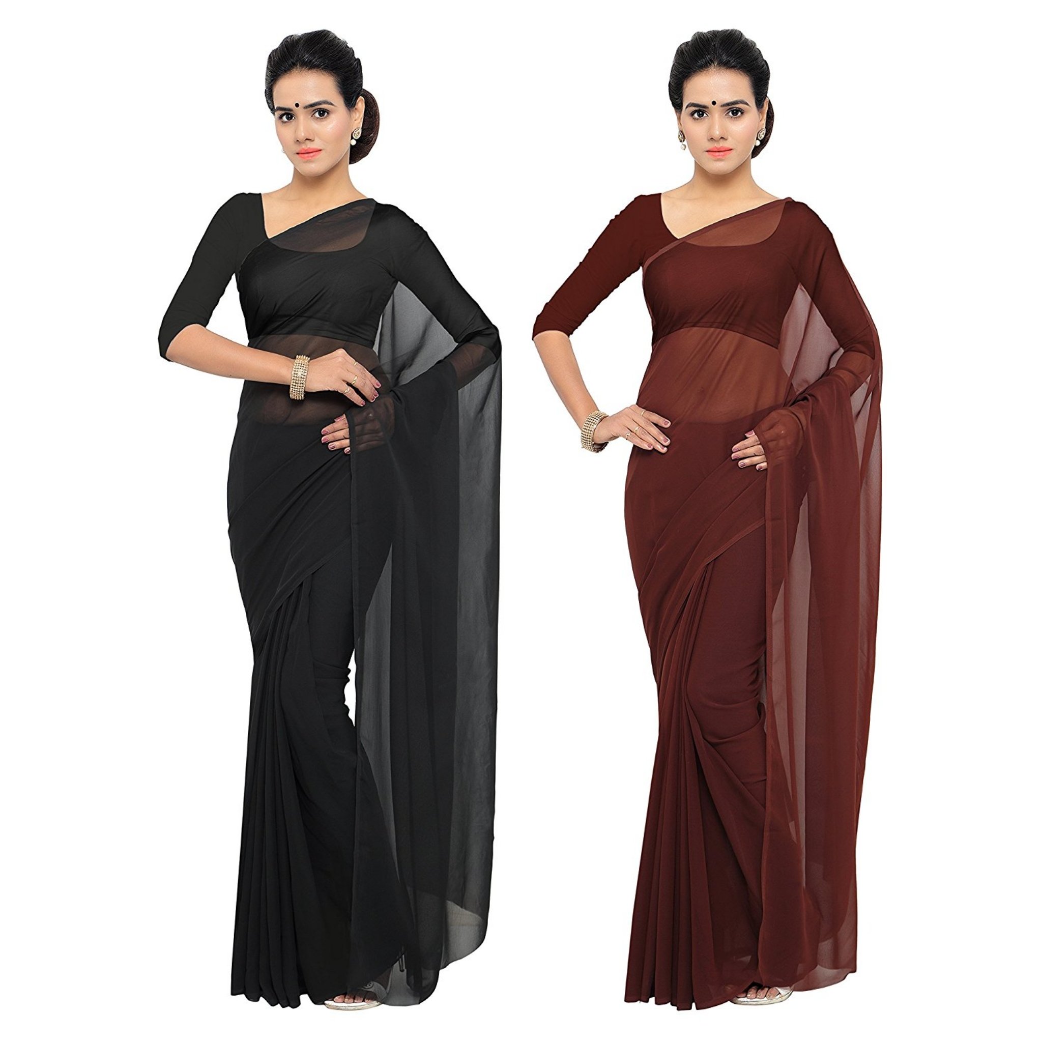 Textile Combo of 2 Women's plain Solid pure Georgette Saree With Unstitched Blouse Piece (Pack of Two) (Combo plain black-coffee_Black & coffee_Free Size)-image-39