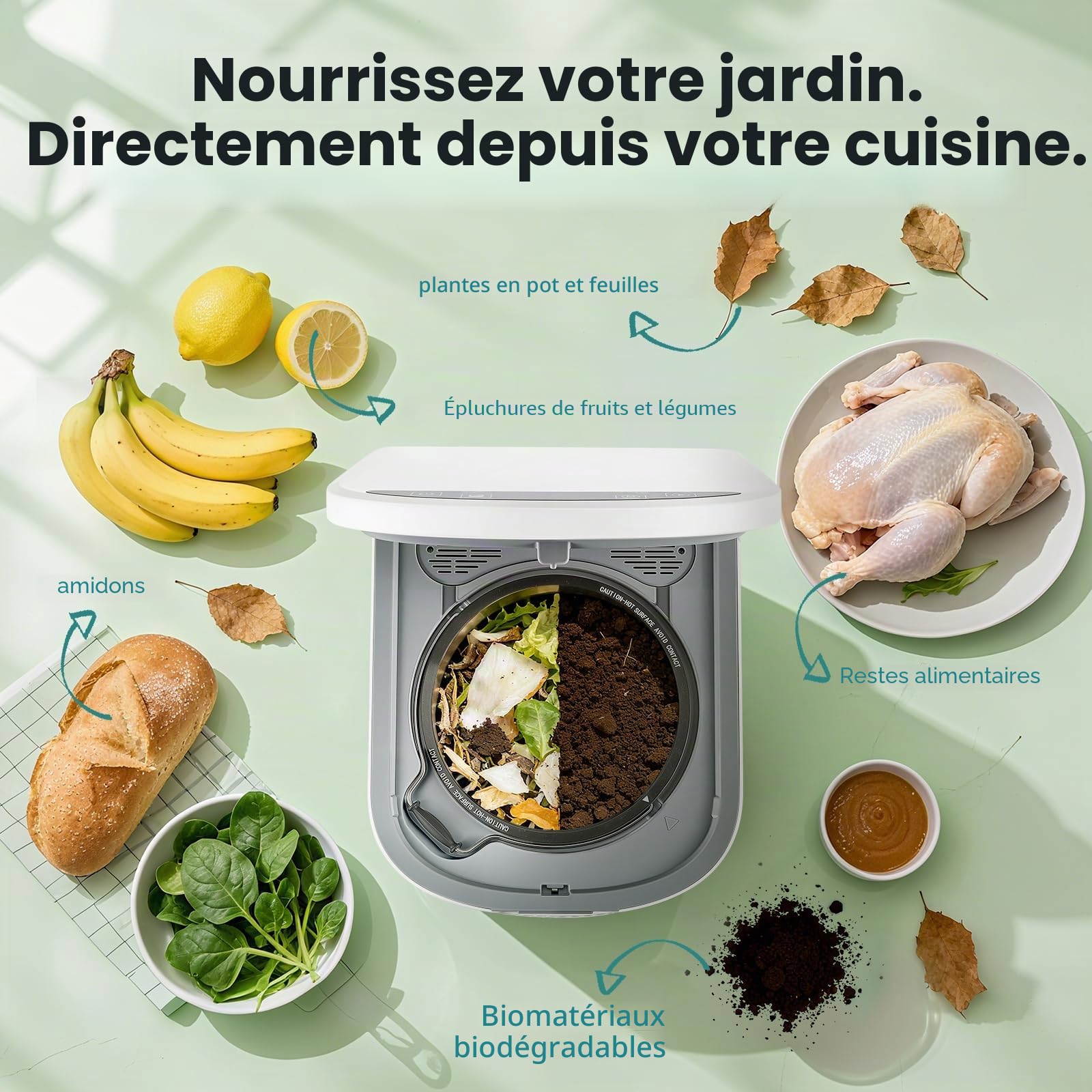 Huanyu Composteur électrique pour Cuisine 2,5 L Composteur électrique pour Cuisine Recycleur Alimentaire d'intérieur sans Odeur avec Fonction de Nettoyage Automatique Faible Niveau sonore