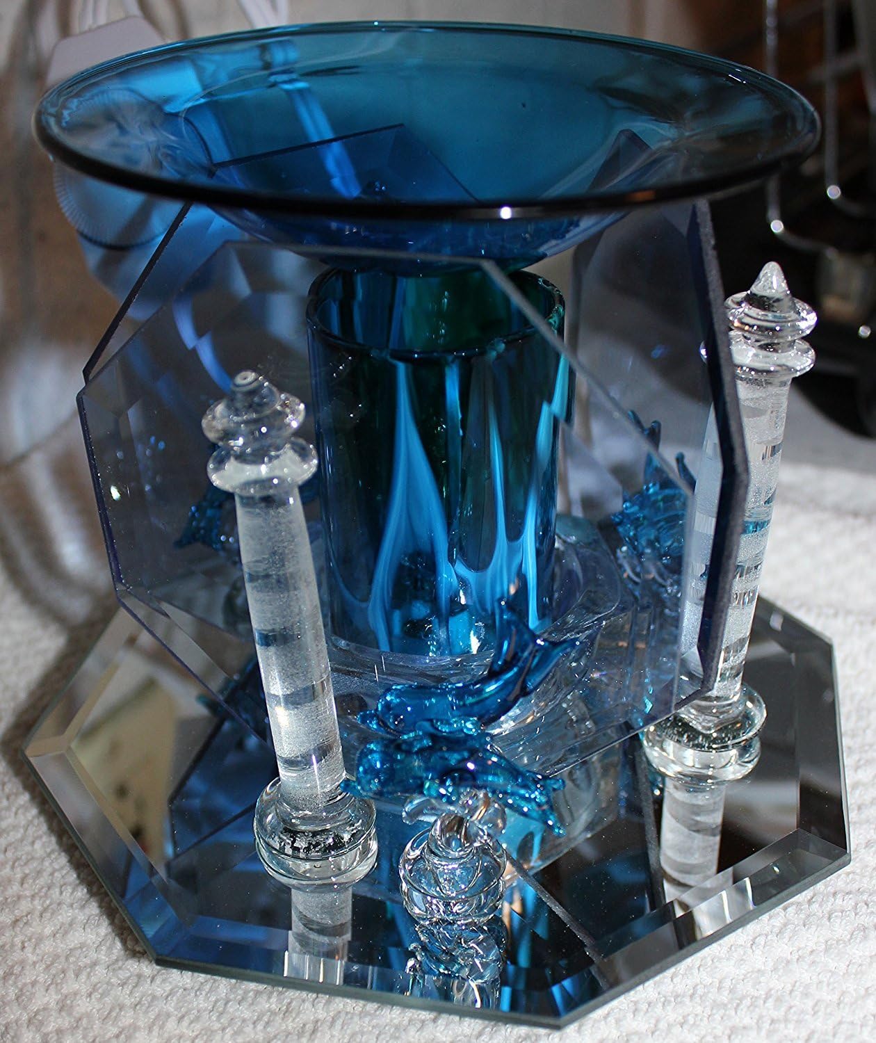 Electric Oil Warmer Tart Burner 2 Jumping Dolphins and Lighthouse, 3 Sided Mirror, Dark Blue