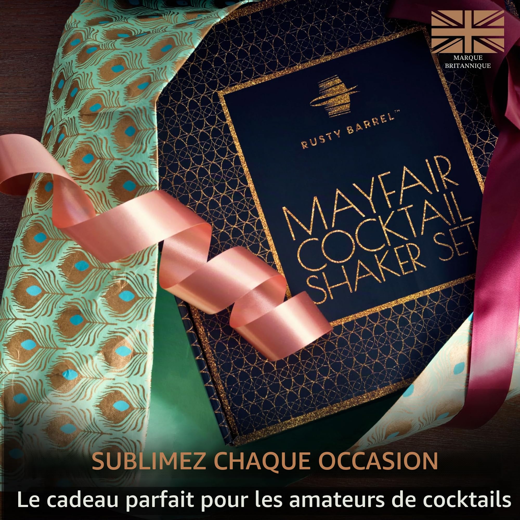 Coffret à Cocktail Mayfair — Kit Cocktail avec Shaker Cocktail en INOX de Style Manhattan | Cocktail Shaker Kit, Kit Barman, Cocktail Kit Complet | dans Une Boîte Cadeau Luxueuse