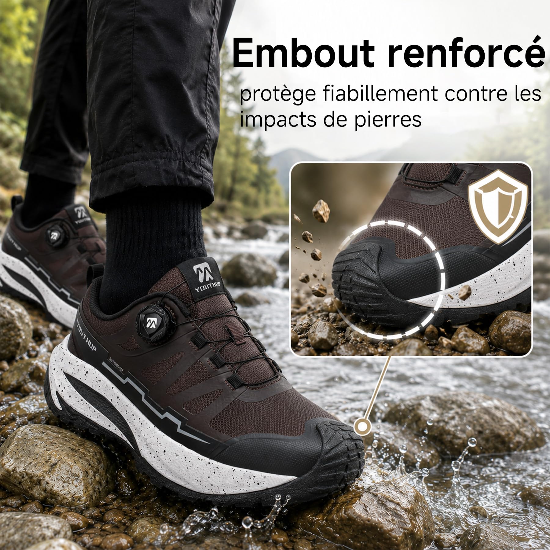 YOUTHUP Chaussures de randonnée respirantes pour homme, en PU et maille, antidérapantes, légères, chaussures de loisirs, lacets à libération rapide, pour escalade et camping