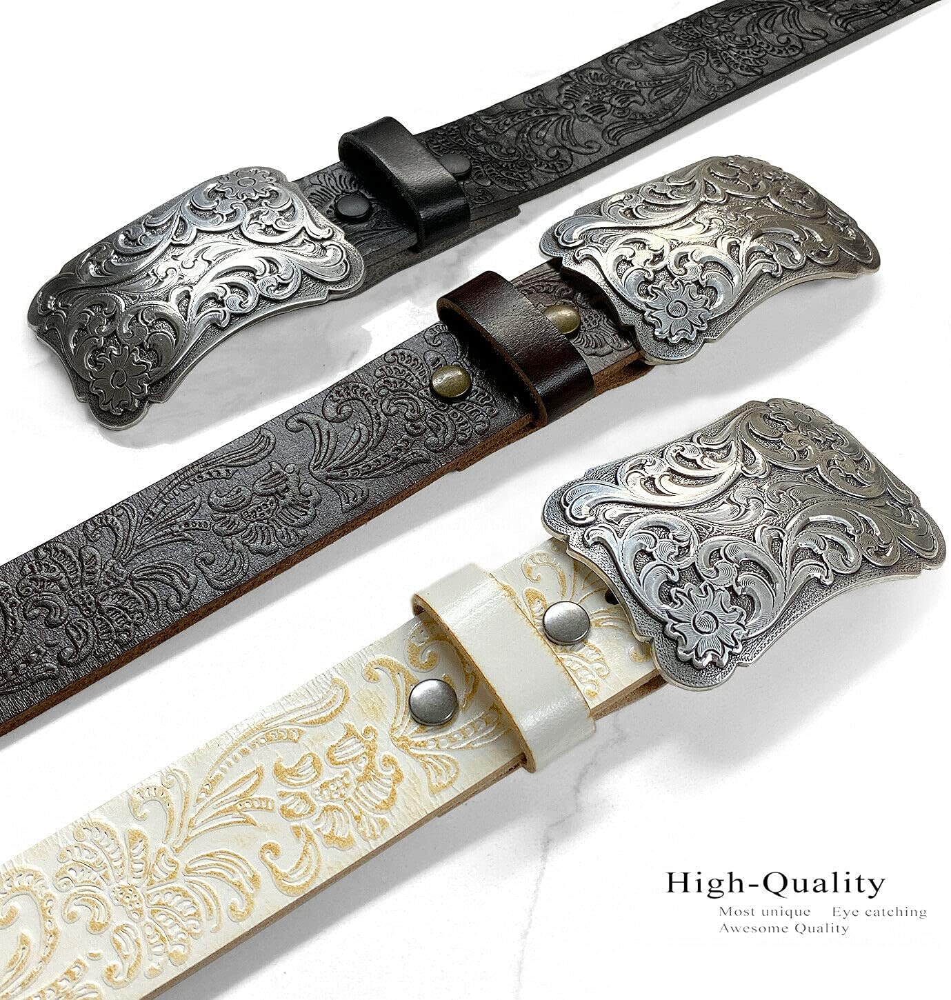 Western Fashion Style Floral Engraved Buckle Full Grain Genuine Leather Belt 1-1/2" (38mm) Wide - Assembled in the U.S - Image 3