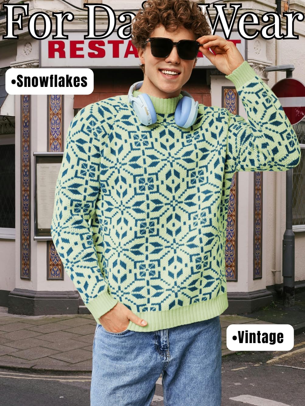 Men's Nordic Snowflake Chunky Sweater, Mock Neck Knit Pullover for Winter & Holiday Season - Image 6