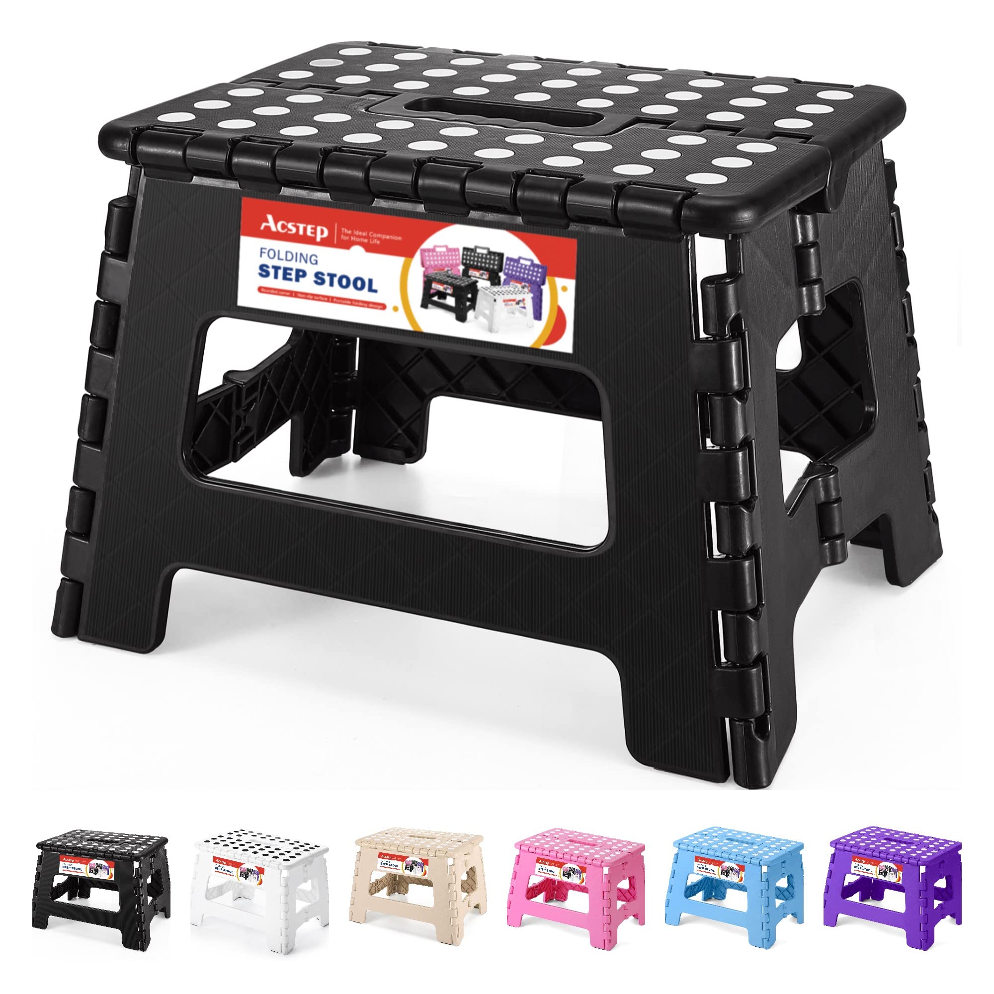 acstep folding step stool 93939 tall kids step stool holds up to 300 lb plastic foldable step stools for kids non-slip surface with carry handle collapsible stool for home outdoor and indoorblack
