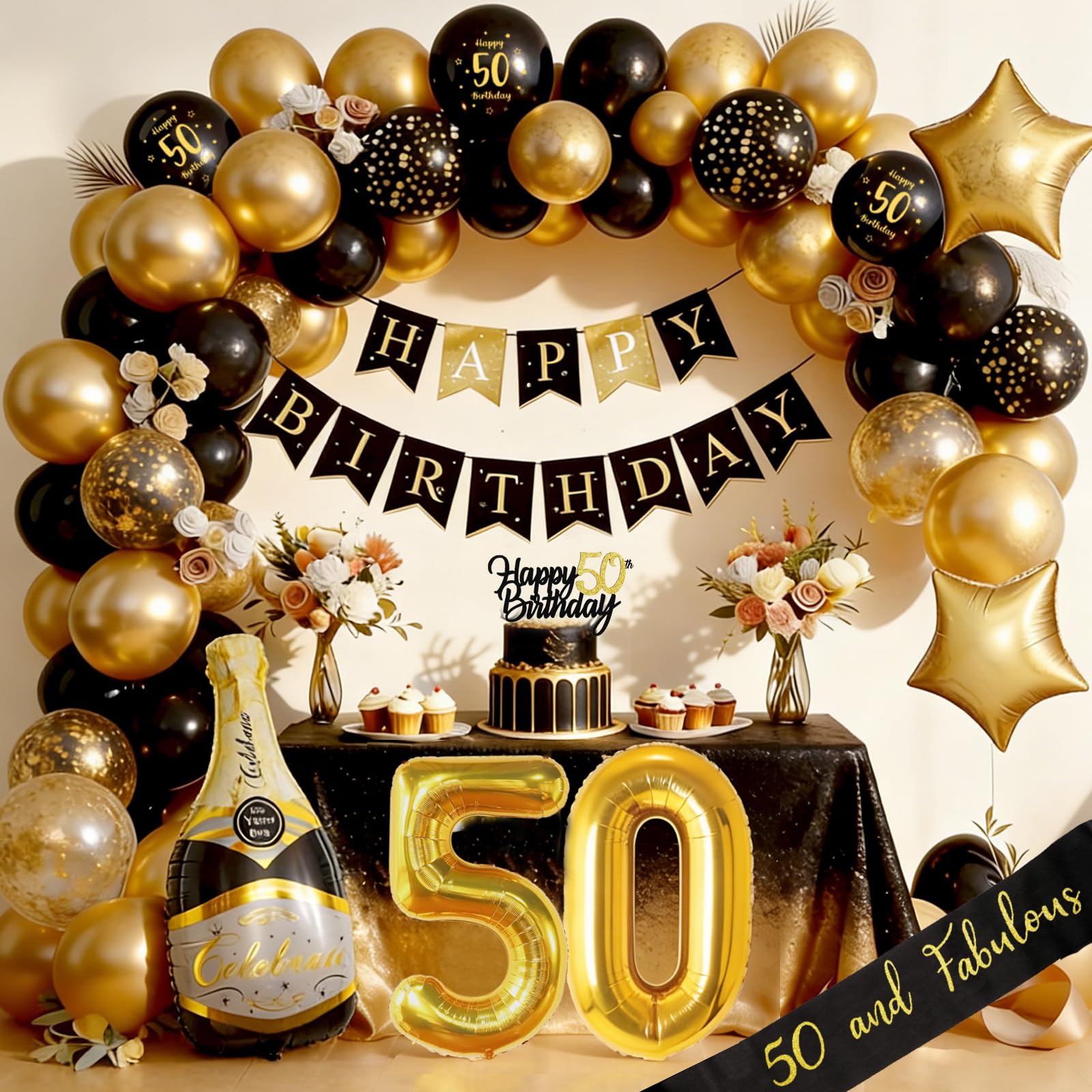 Deko Geburtstag Mann Frauen, Geburtstagsdeko, Schwarz Gold Deko mit Happy Birthday Girlande, Luftballon Männer Geburtstag Dekorationen