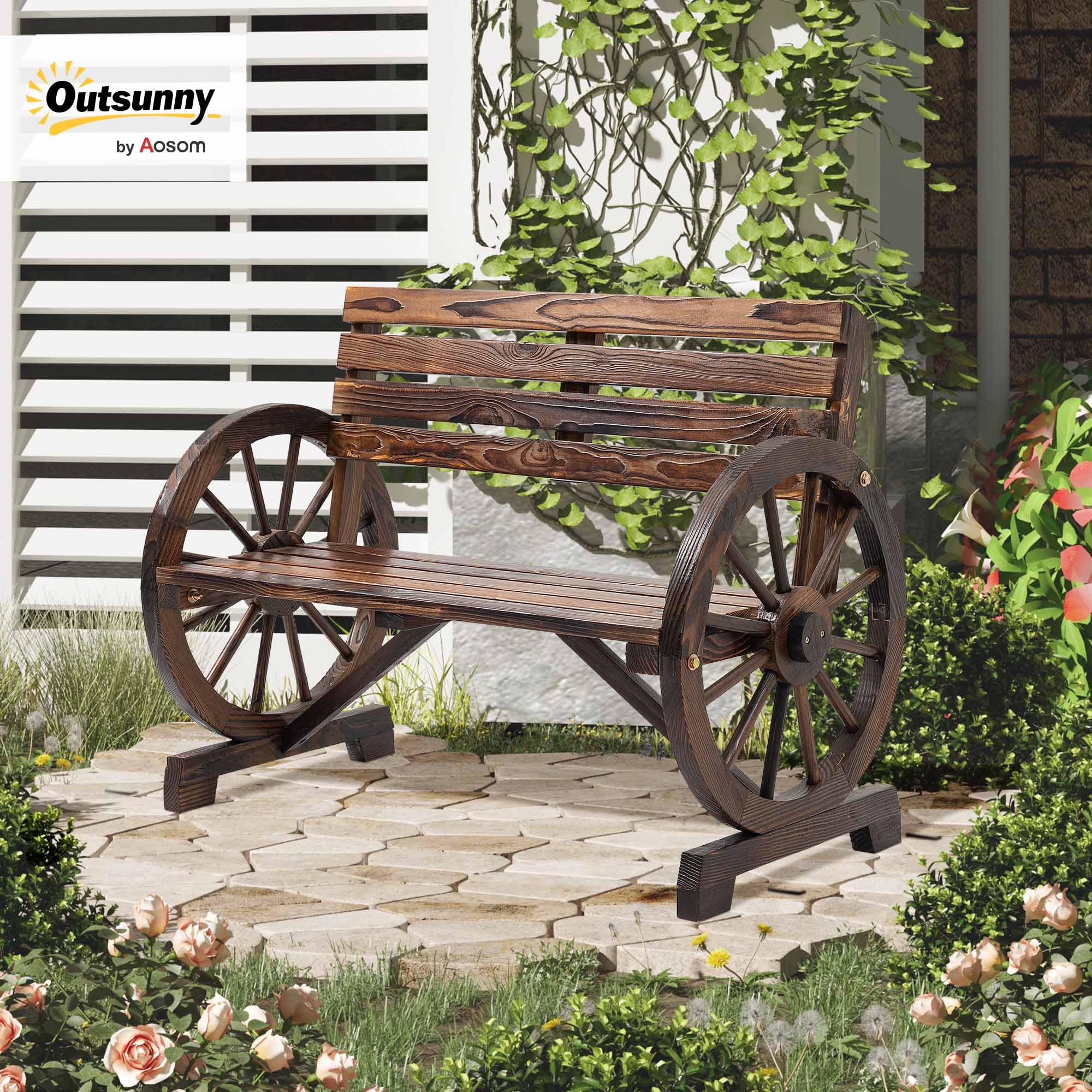 Outsunny 2-Sitzer Gartenbank, wetterfest Sitzbank, Gartenmöbel mit Rücken, Armlehnen im Rädernform Parkbank 240kg belastbar, Balkonbank, Holzbank für Balkon, Garten, 105,5 x 56 x 79 cm, Braun