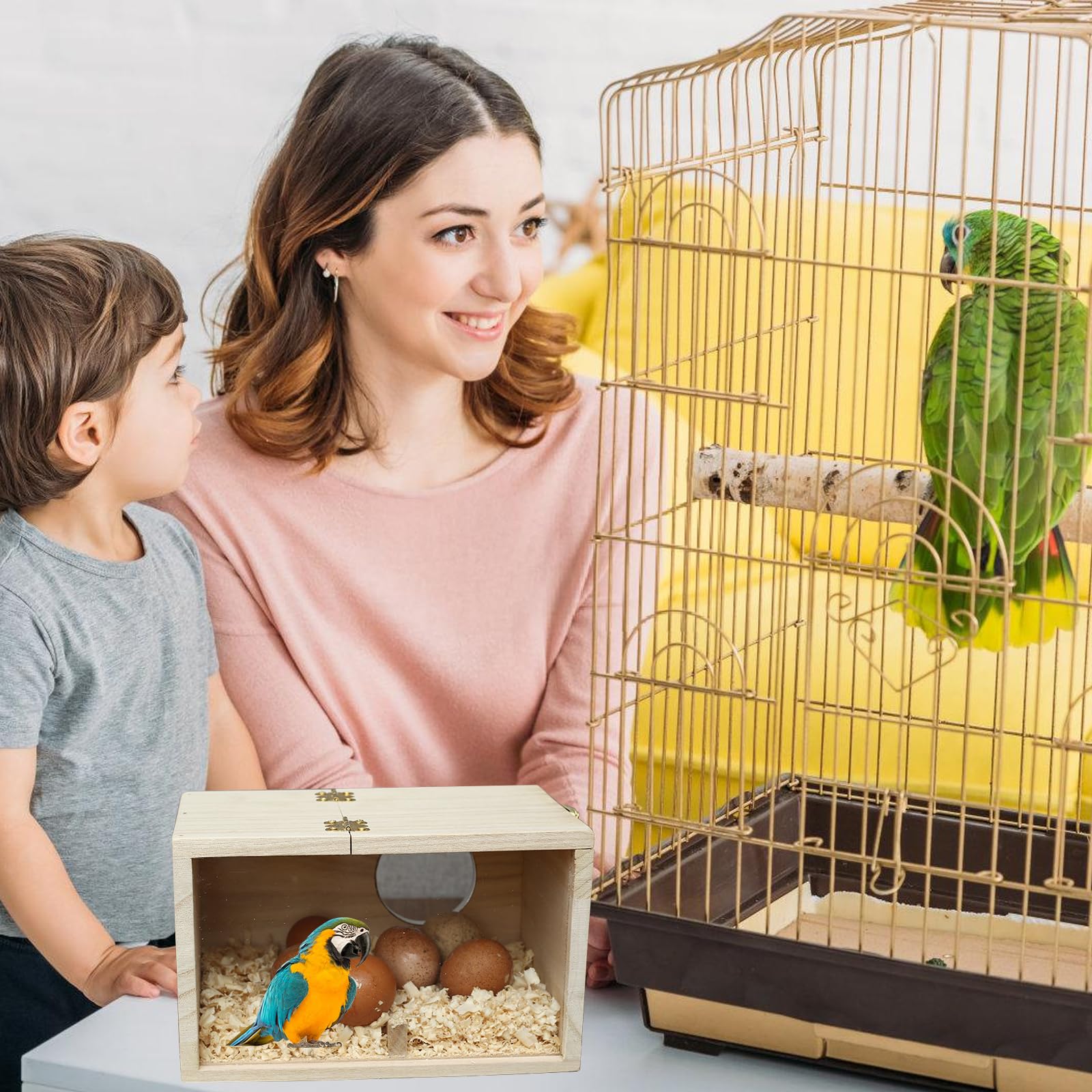 Caja nido para periquitos, agujero izquierdo, pajarera de madera, diseño transparente, nido, cría de aves, para periquitos, loros (12 x 12 x 19,5 cm)