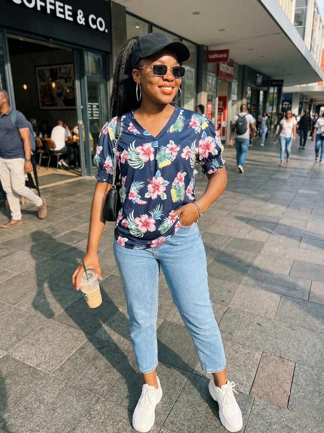 ZXZY Women Ruffle Short Sleeve Pleated V Neck Floral Print Hawaiian Shirts Blouse Tops - Image 3