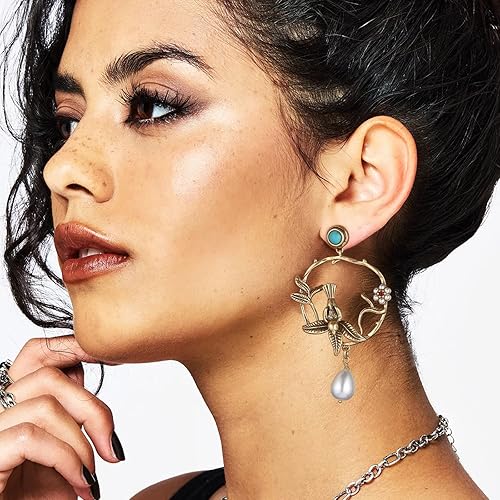 Miniatura 2 de HZMAN Aretes vintage de Robin Bird in Circle para mujer, hechos a mano con turquesa natural, perla sintética y latón antiguo