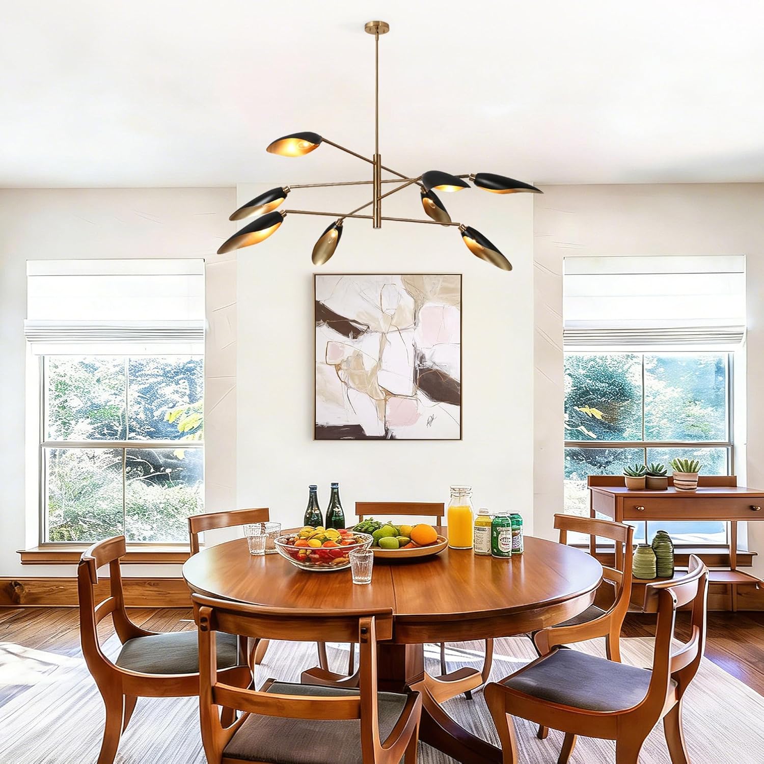 KSANA 48" Large Sputnik Chandelier, 8 Light Mid-Century Modern Dining Room Light Fixture Black Gold Industrial Pendant Chandelier Kitchen Island Light for Living Room Hallway