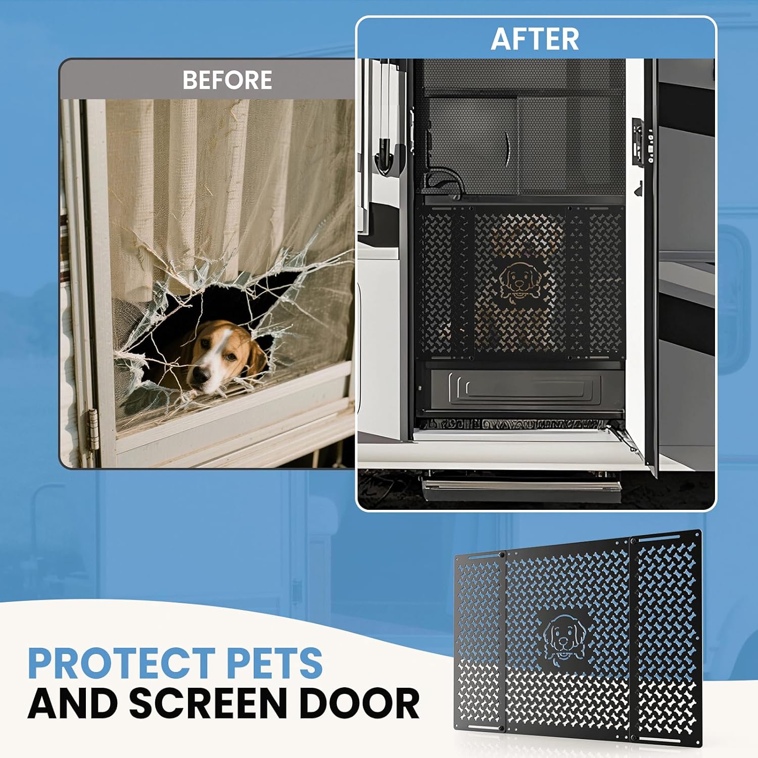 RV Screen Door Protector for Dogs, Adjustable Dog Head and Bone Design RV Entry Door Grille, Heavy-Duty Aluminum, Fits 18.07" to 33.64", Perfect for RV, Camper