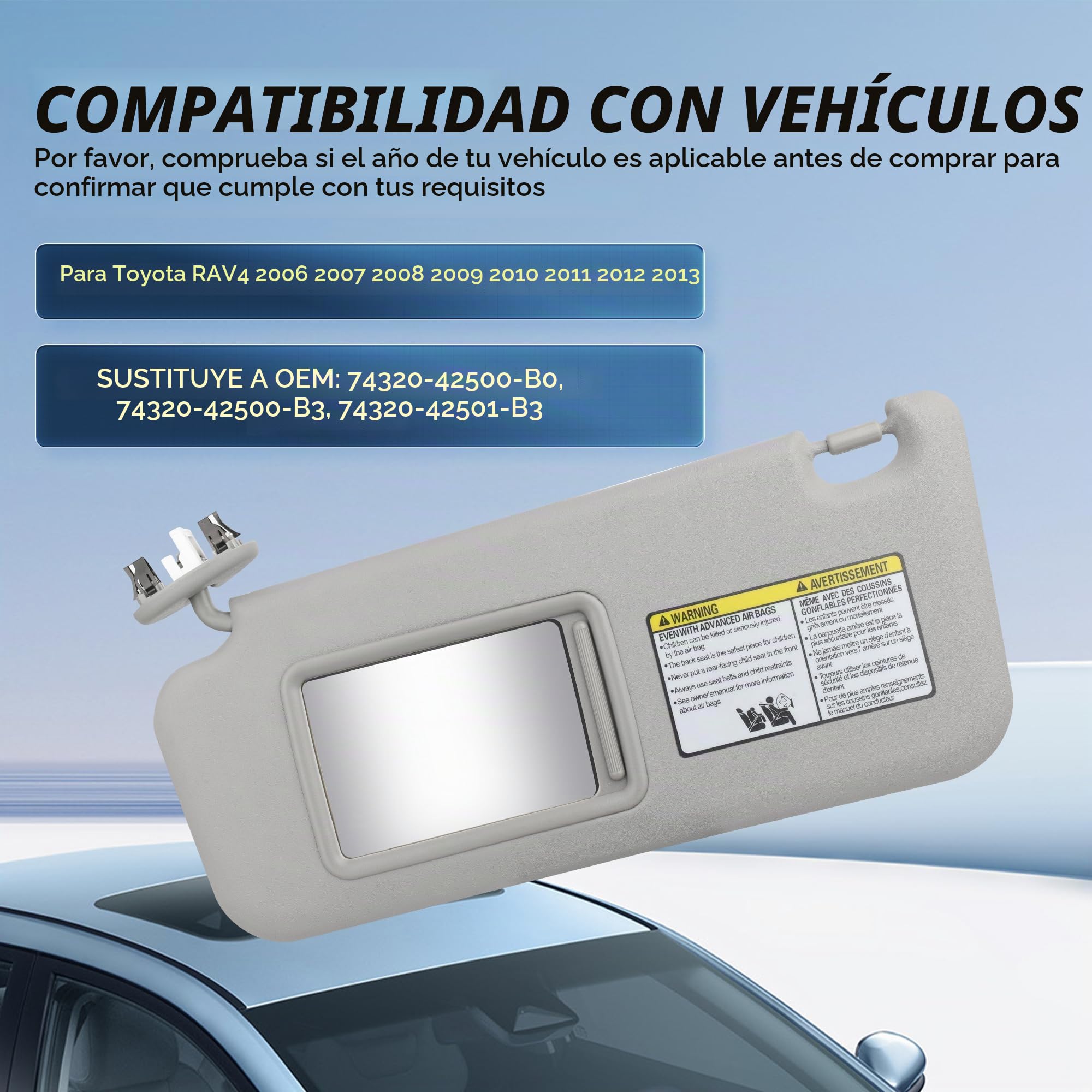 Visor solar gris para Toyota RAV4 2006 2007 2008 2009 2010 2011 2012 2013 con techo corredizo y luz, parabrisas izquierdo del lado del conductor. Reemplaza # 74320-42500-B0, 74320-42500-B3, 74320