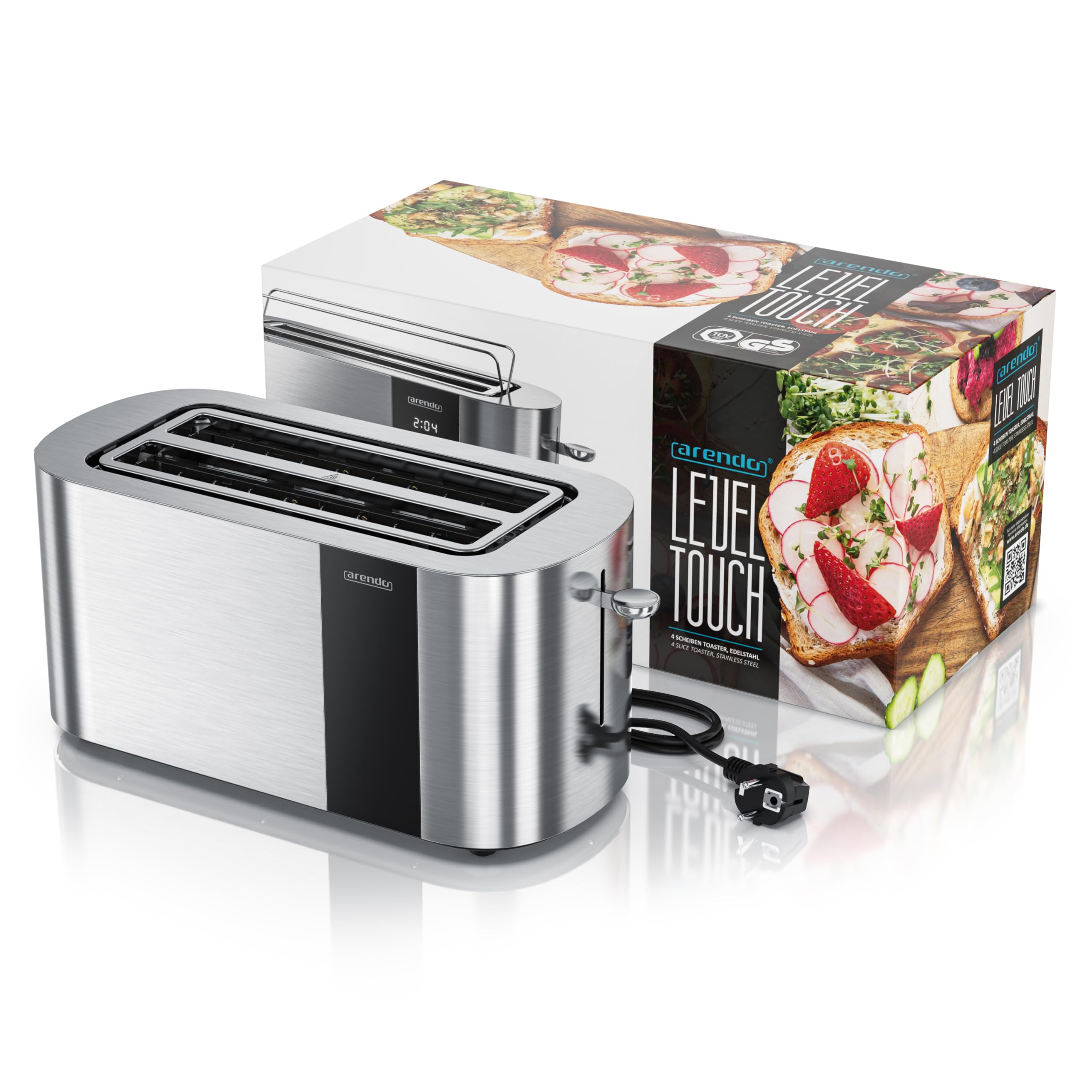 Tostapane a 2 Lunghe Fessure per 4 Fette, 1500 W, Visualizzazione a colori dei livelli di doratura, Display con indicazione del tempo rimanente, Tasti touch, Scaldapasta viennese, Doratura da 1 a 6