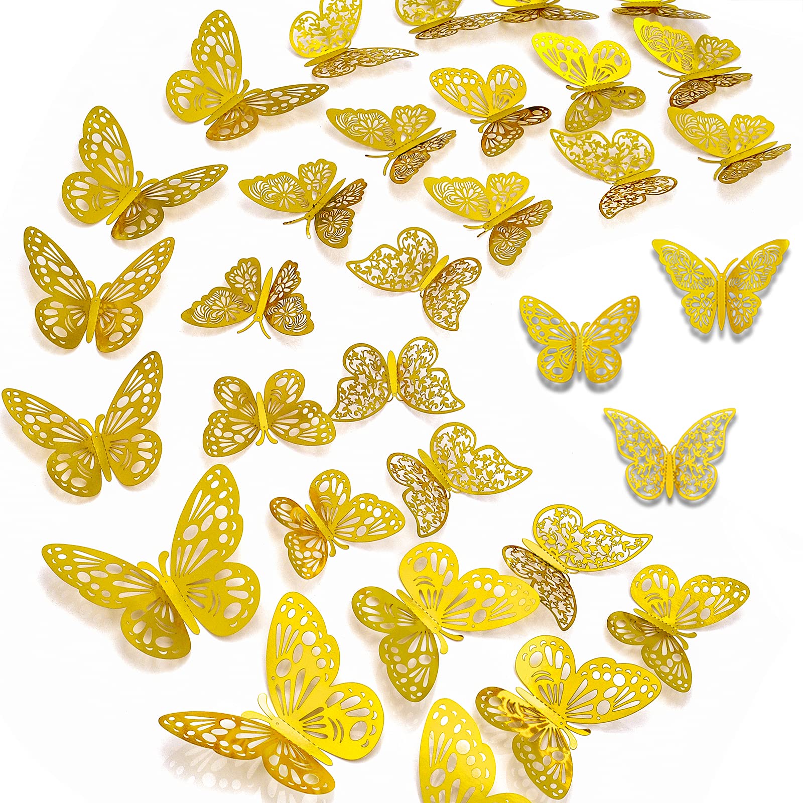 Ryangic 3D Butterfly Wall Decor 36pcs Shiny Gold Butterflies Wall Stickers 3 Sizes & 3 Hollow-Carved Design Butterfly Wall Decals DIY Butterfly Decorations for Bedroom Living Room Home Party (Gold)