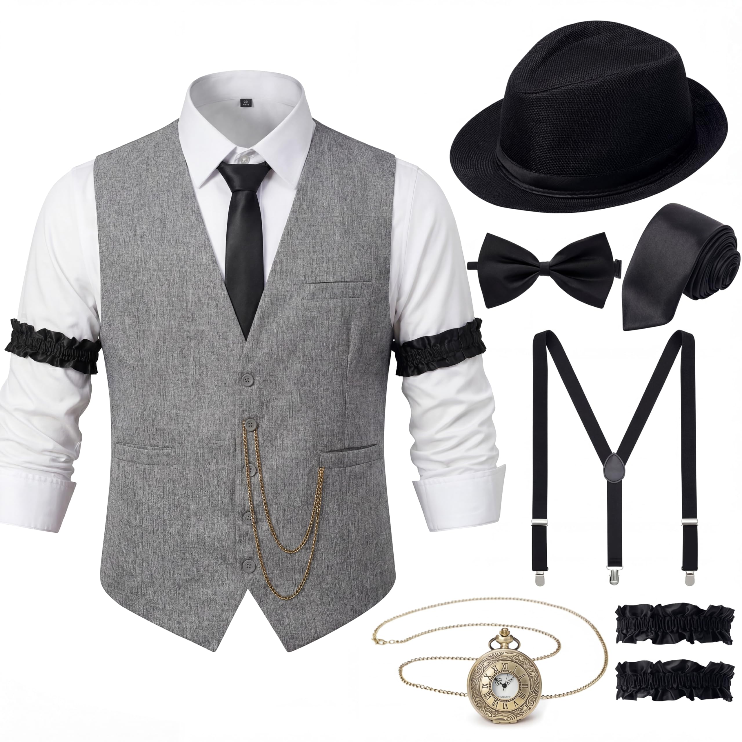 1920s Mens Costume Outfit, Roaring 20s Gatsby Accessories for Men, Vest Hat