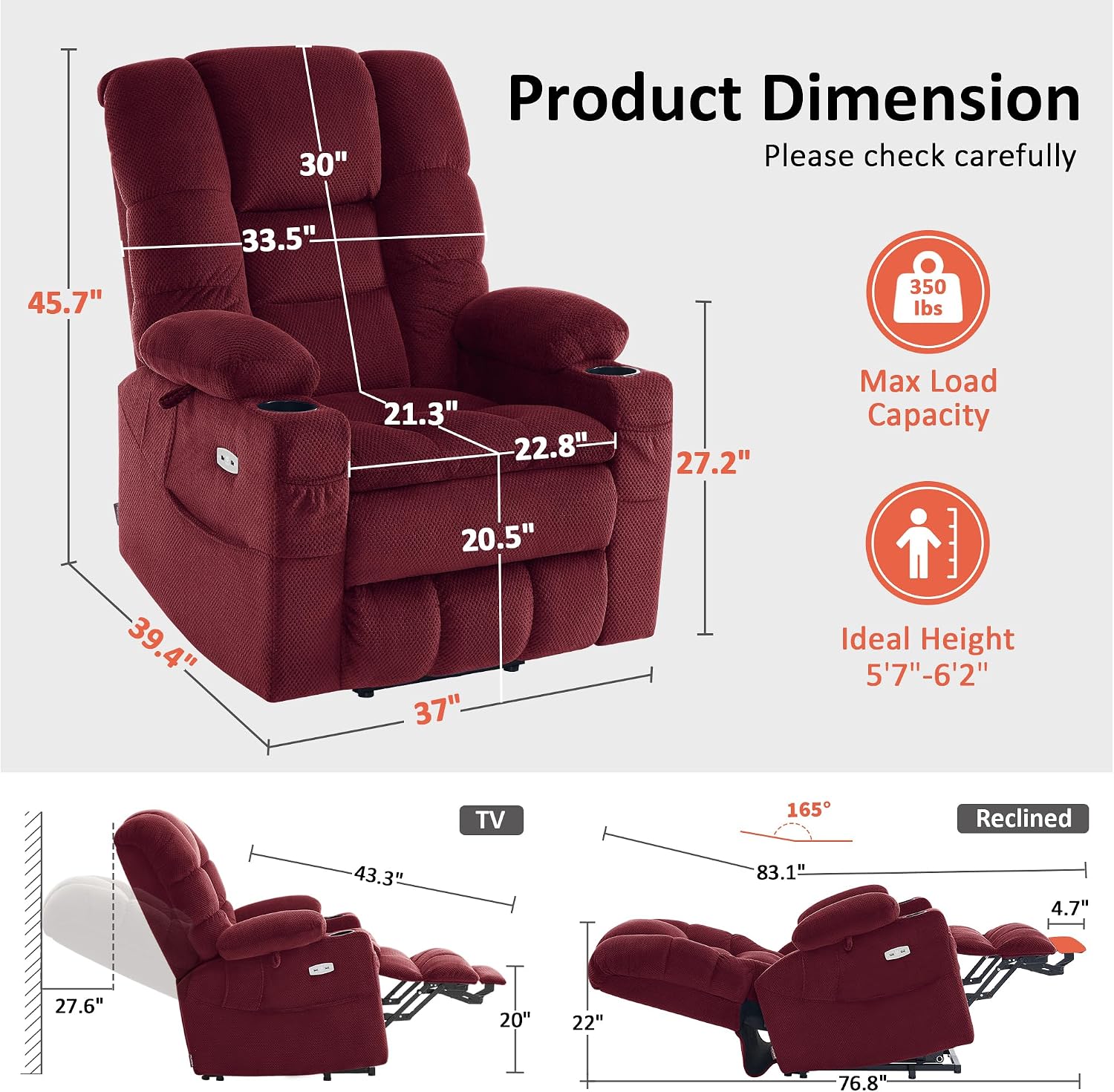 MCombo Triple Motor Lay Flat Power Lift Recliner Chair for Tall Elderly, Infinite Position, Massage, Dual Heating, Adjustable Headrest, Fabric 7634 (Burgundy, Large)