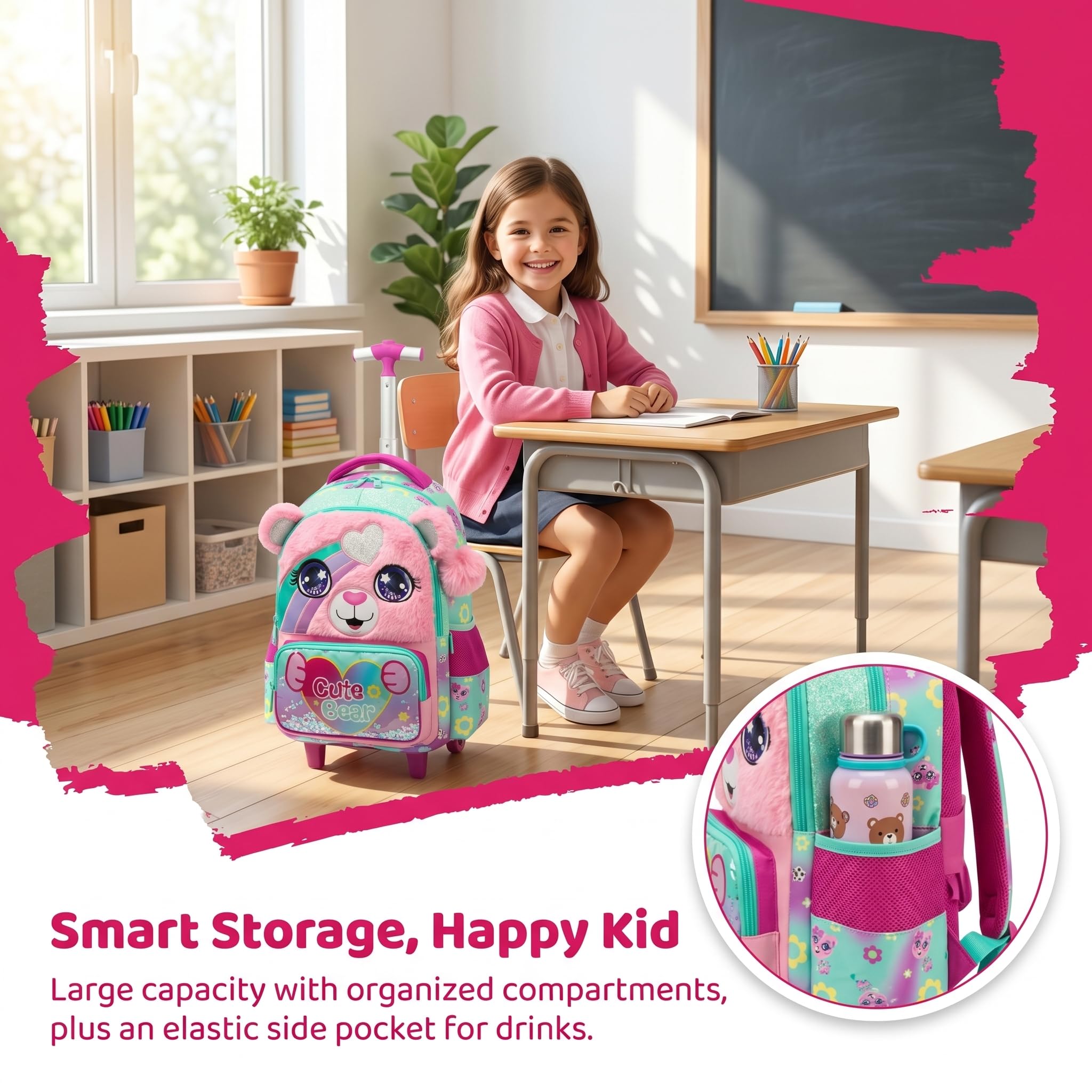 Sac a Dos Roulette Fille Enfant Cartable Cabine Primaire Valise École Maternelle Sacs à D'école pour Voyage de Bagages Ensemble Adolescents Étudian Poches Dégradé de Rose Ours
